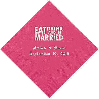 Hot Pink Eat Drink And Be Married Napkins with Silver Foil - Beverage - Party Supplies - 50 Pieces