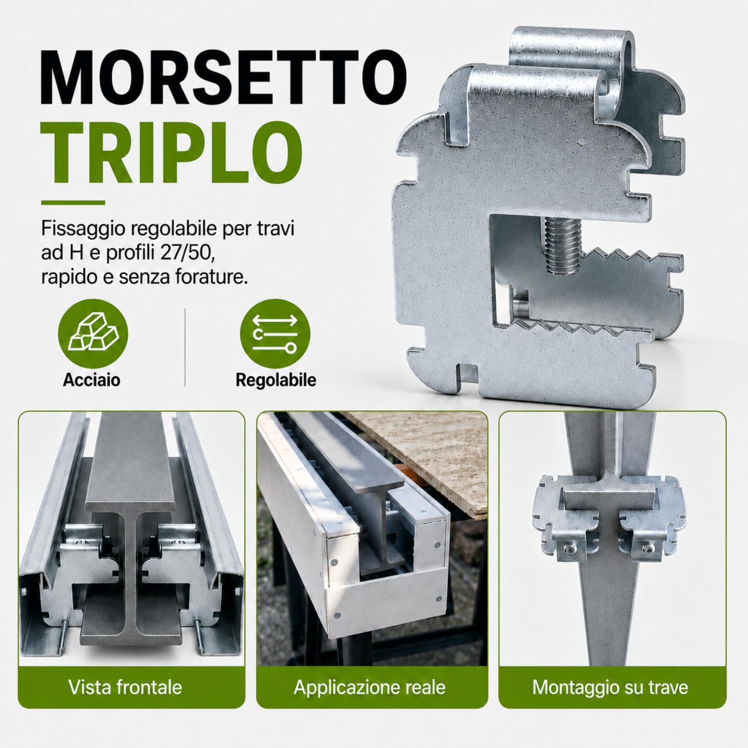 Fixlin Morsetto in Acciaio Regolabile con Triplo Attacco per Blocca Profili 50/27 su Tubi e Putrelle Metalliche