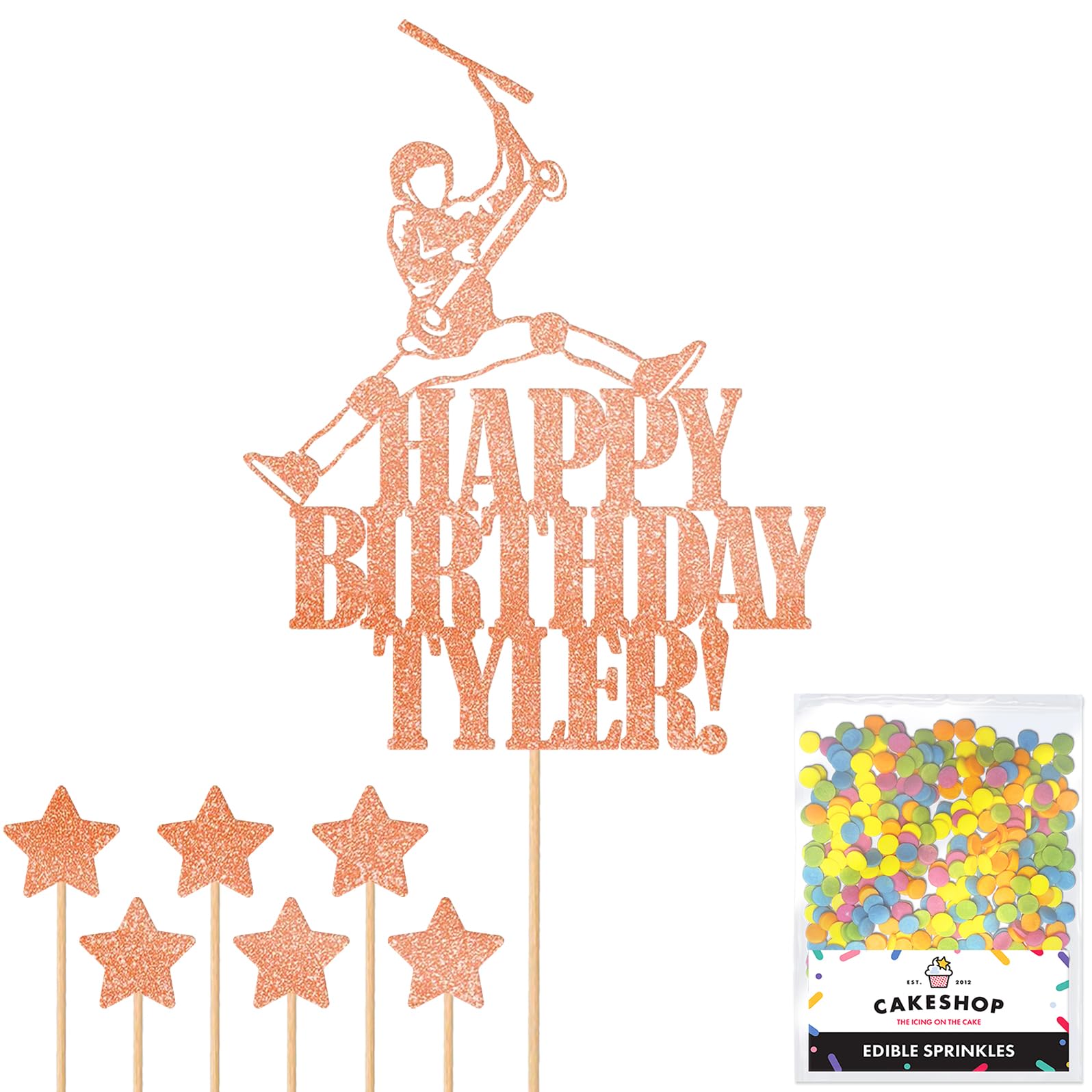 Personalised No Footer Trick Stunt Scooter Glitter Cake Topper - Rose Gold Custom Name Glitter Cake Decoration and Sprinkles - Happy Birthday Decorations - Personalised Toppers for Cakes by Cakeshop — image 1