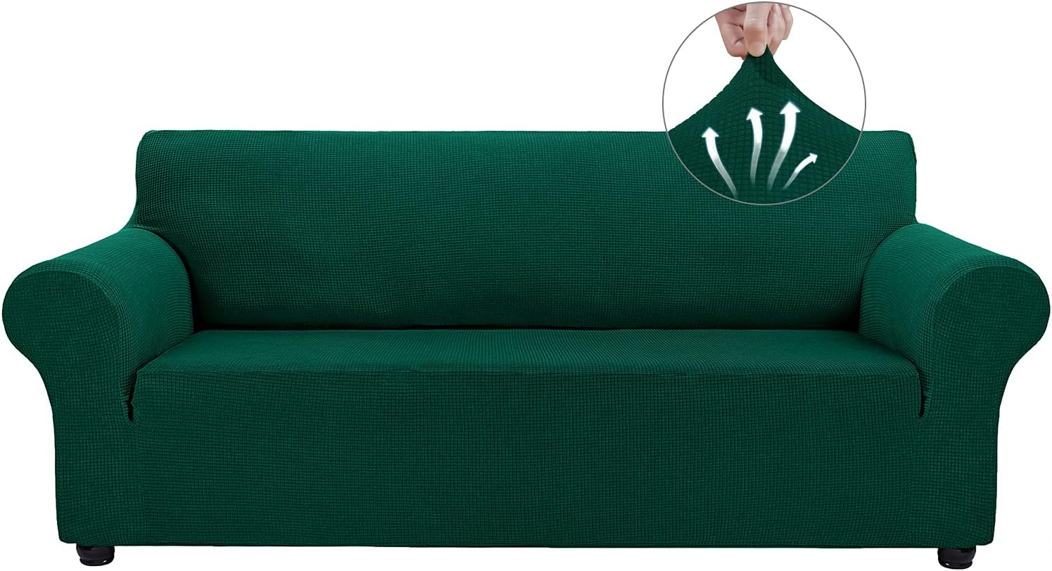 Asnomy Couch Covers for 3 Cushion Couch Stretch Sofa Covers Slipcovers, Pet Protector Furniture Covers for Dogs Cats Spandex Jacquard Fabric Small Checks ?Large?Blackish Green?
