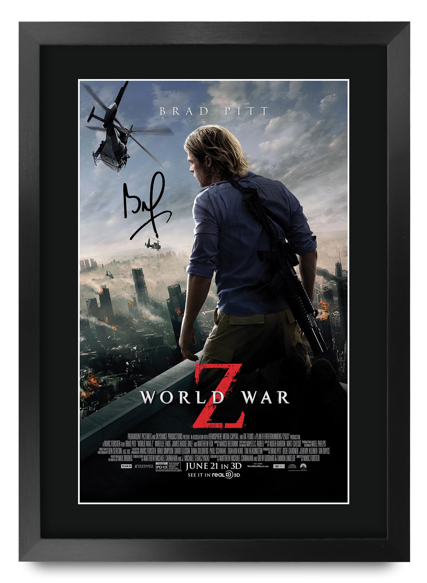 HWC Trading World War Z 2013 Brad Pitt Geschenke Geduckter Poster Signiertes Autogramm Foto für Fans von Film Memorabilien - A3 Gerahmt