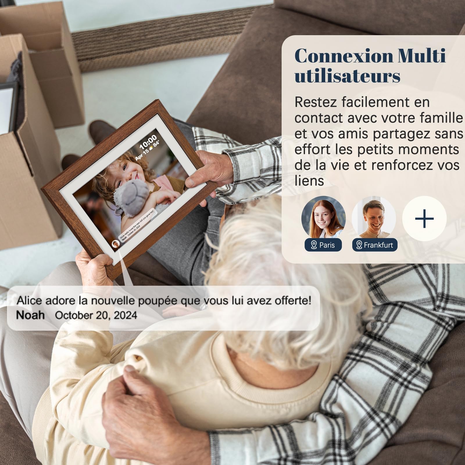 Frameo Cadre Photo Numérique WiFi 10.1 Pouces Noyer Bois Mémoire 32 Go, Écran Tactile HD IPS 1280 x 800, Auto-Rotation, Partage de Photos Vidéos Via Frameo APP/USB/SD, Cadeau Femme Homme