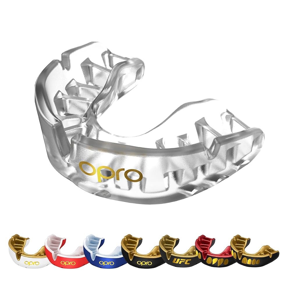 OPRO Gold Level Mouth Guard - Moldable Mouthguard with Premium Comfort Fit, and Multi-Layer Protection for Boxing, MMA, Rugby, Hockey, and Football Mouthpiece - Includes Case (Clear, Adult)