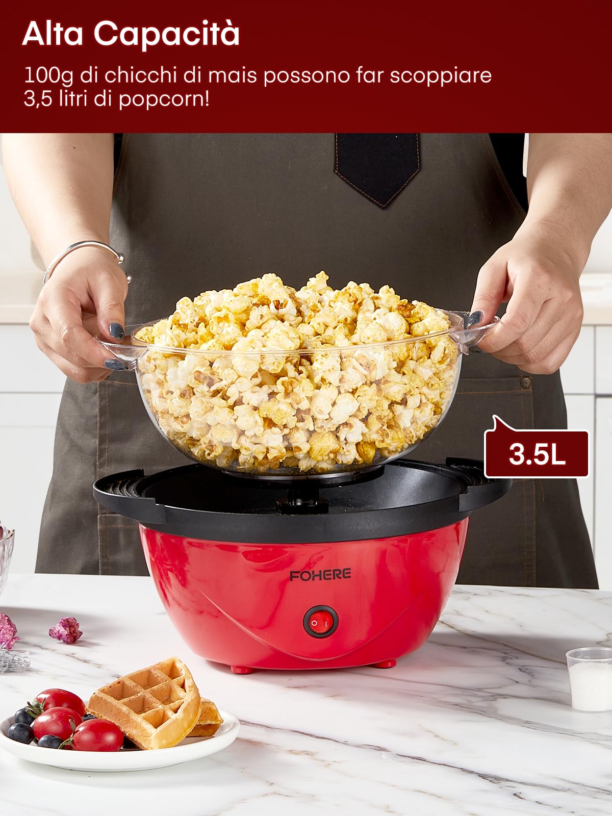 FOHERE Macchina Popcorn, 3,5 L Macchina Per Popcorn Casalinga con Sbattitore Elettrico, Pop Corn Macchina con Zucchero e Olio, Rivestimento Antiaderente, Ampio Coperchio Come Ciotola da Portata