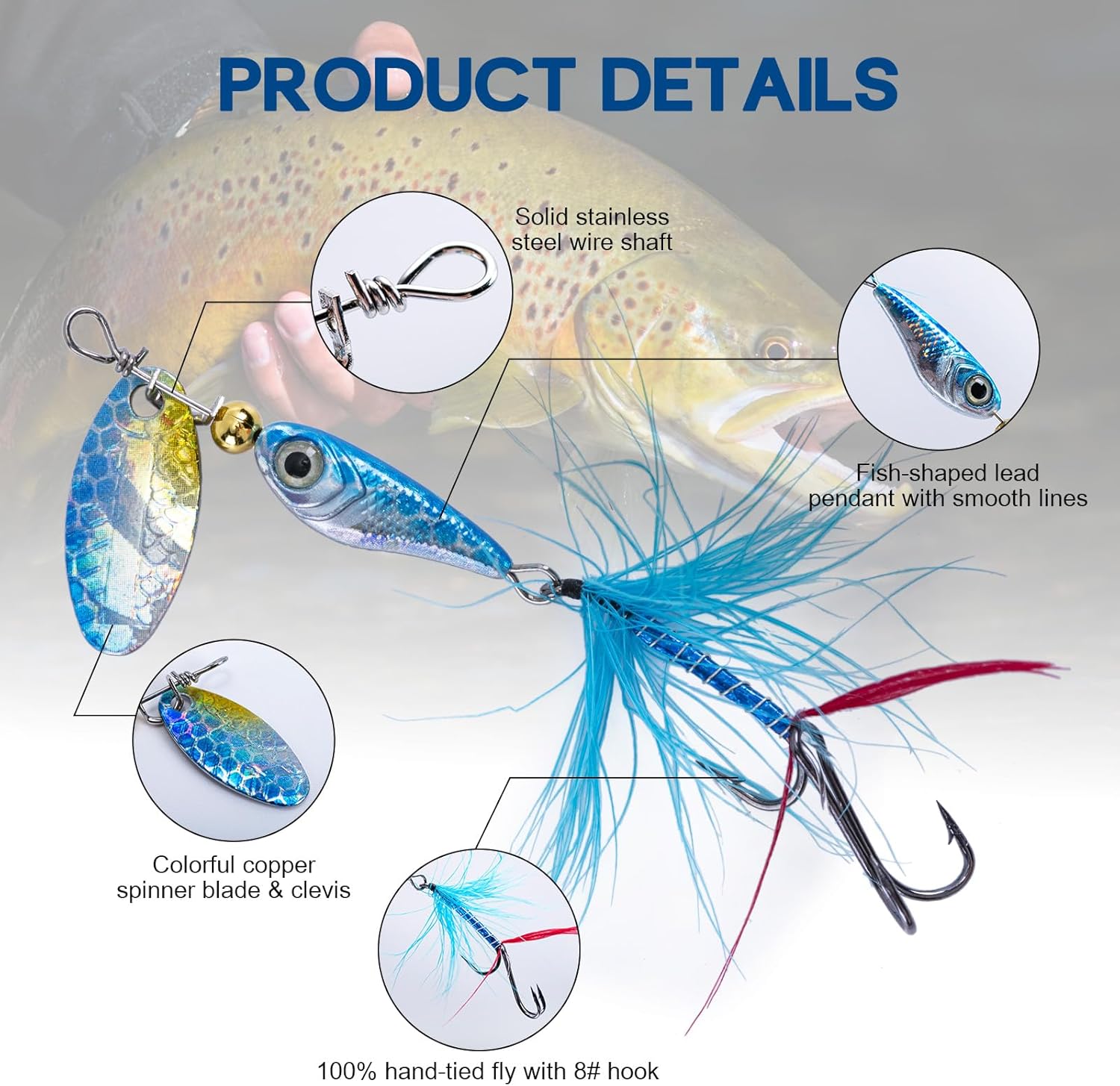 Goture Trout Lures Fishing Spinners,Rooster Bait Tail Bass Fishing Lures with Brass Spinner Blade Fish-Shaped Jig Heads for Freshwater Saltwater,Salmon Steelhead Trout Spinner Bait with Tackle Box