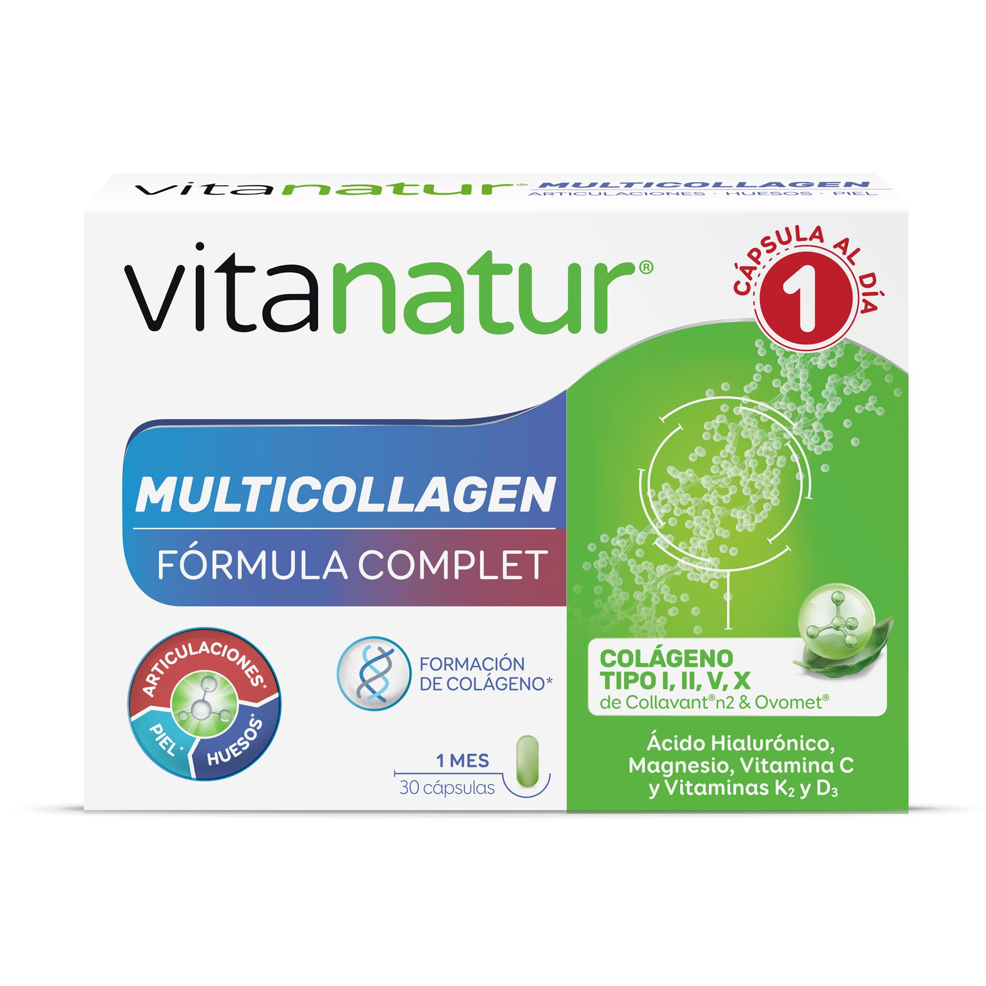 Vitanatur - Multicollagen Fórmula Complet, con Ácido Hialurónico, Magnesio, Vitamina C y Vitaminas K2 y D3, para Articulaciones, Piel y Huesos - 30 Cápsulas