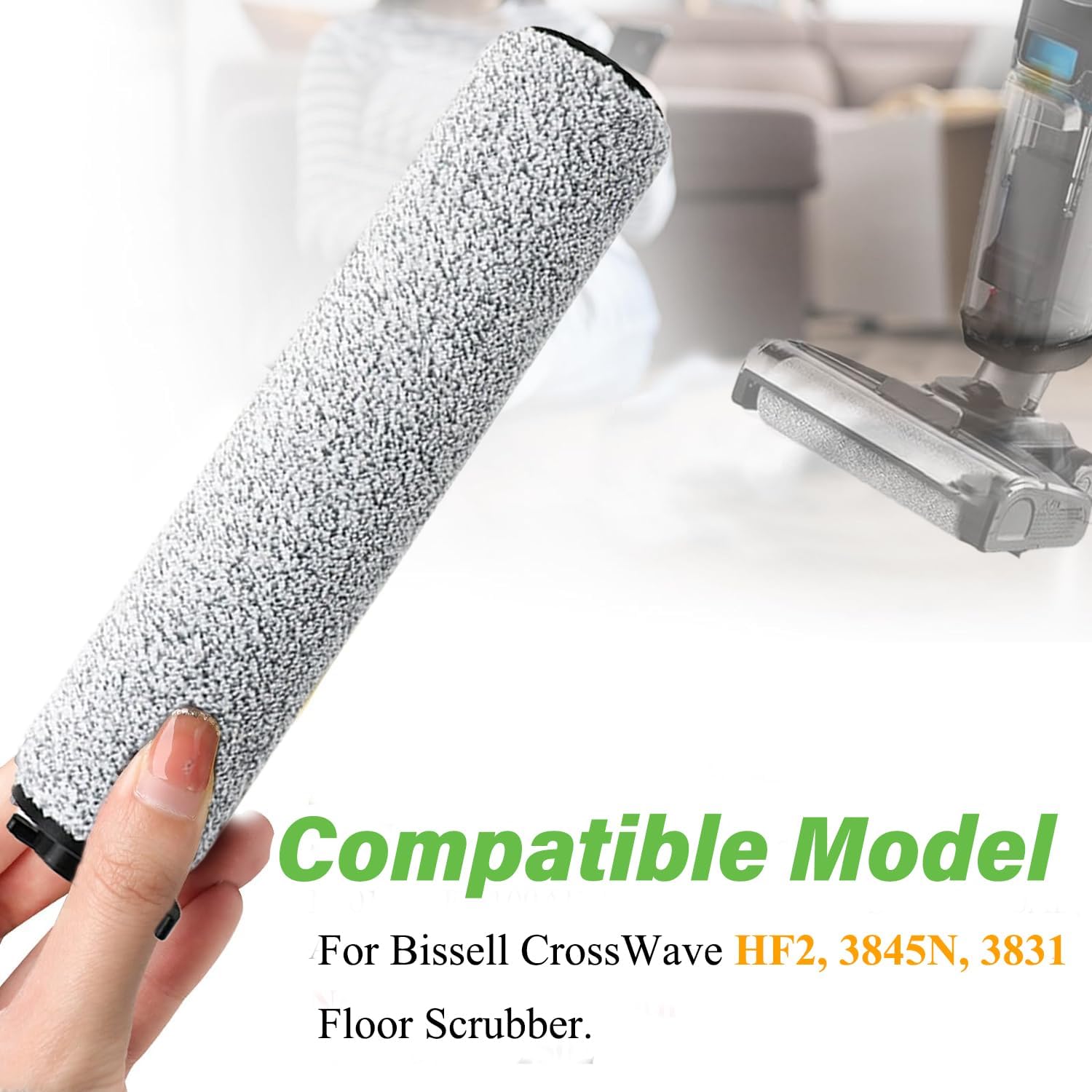Hand holding a roller brush with text indicating compatible models.