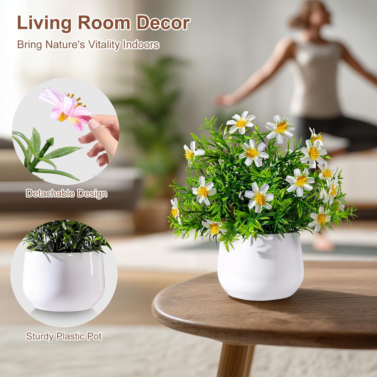 3 Pack Small Fake Plants Artificial Potted Flowers for Indoor Mini Faux Plants with Flowers Greenery for Home Decor Living Room Bathroom Bedroom Office Table Shelf (White+Yellow+Purple) - Image 7