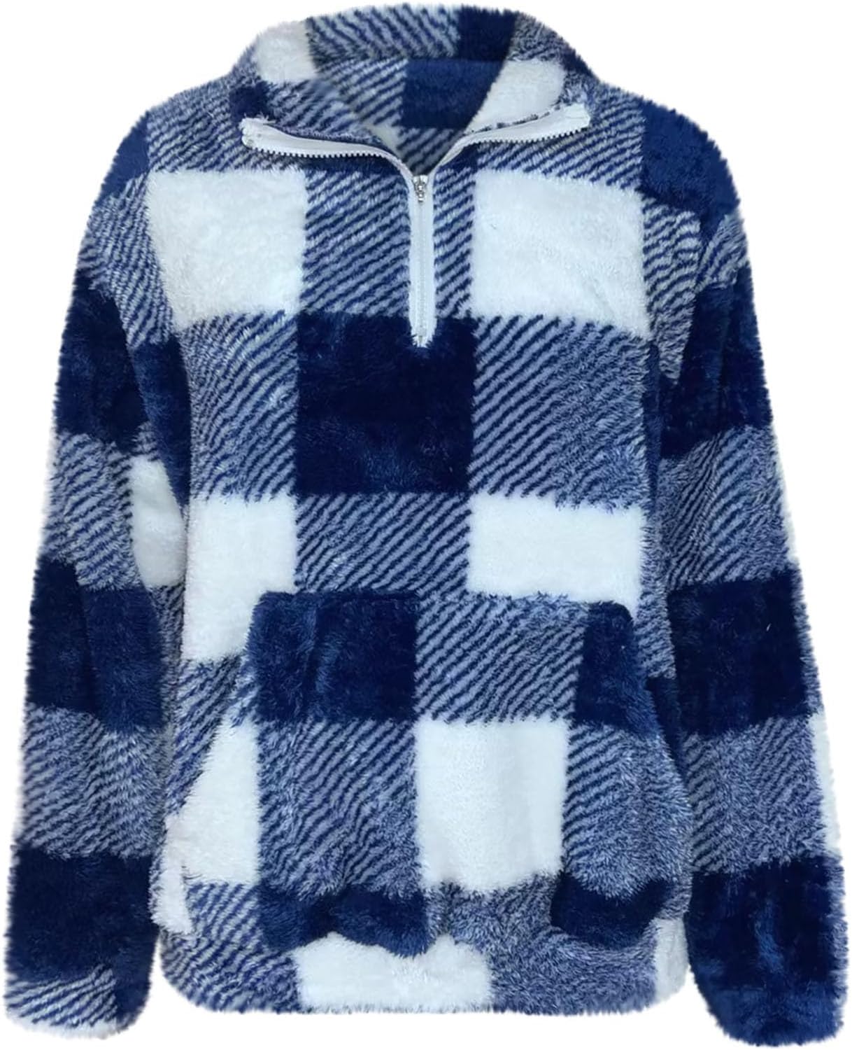 eoeioa Sherpa Quarter Zip Pullover Women Plush Oversized Mock Neck Sweatshirt Winter Warm Checkered Sweater with Pockets - Image 6