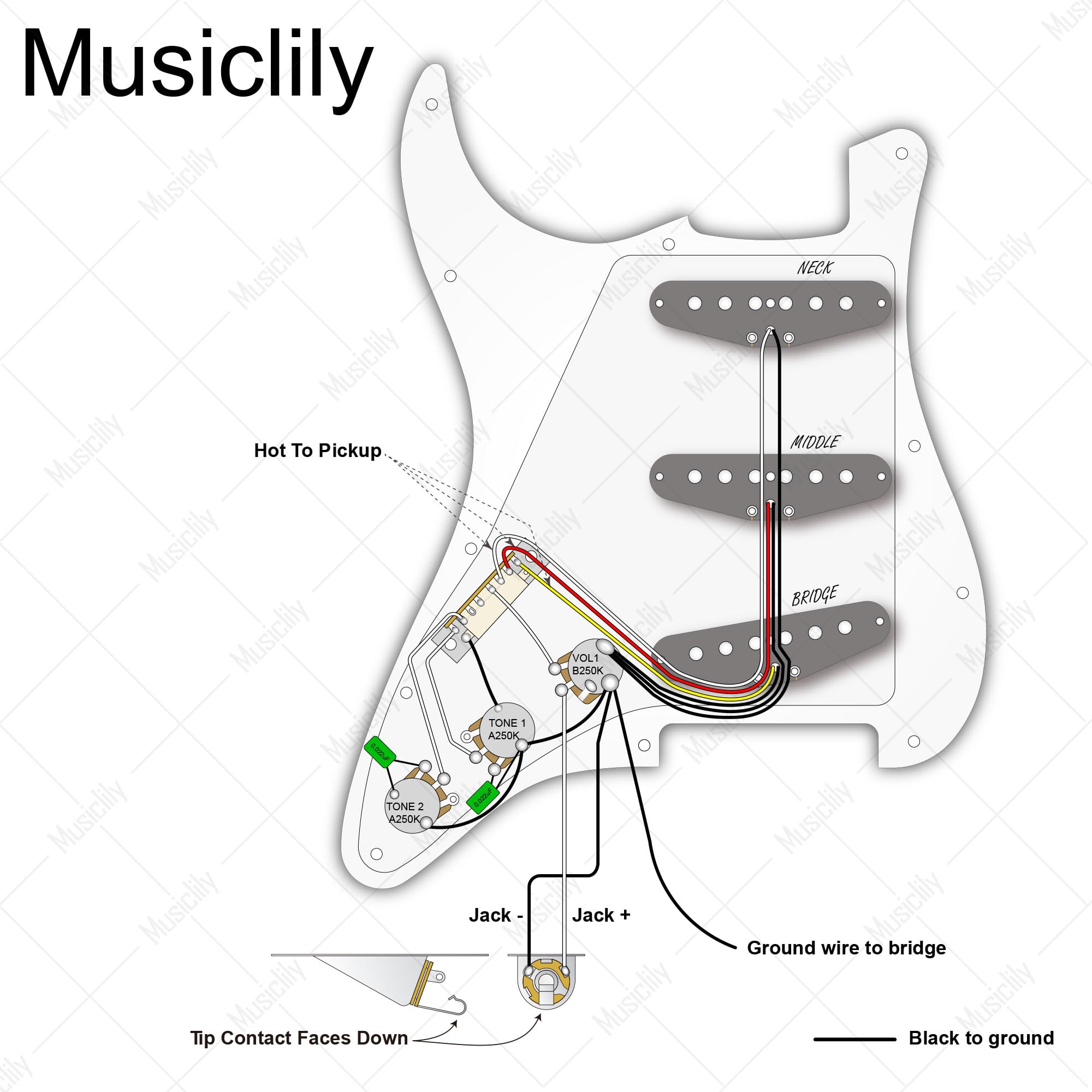 Musiclily Pickguard Pré-câblé SSS Pour Fender Strat - Micros Céramique Simple Bobinage, Noir 3 Plis