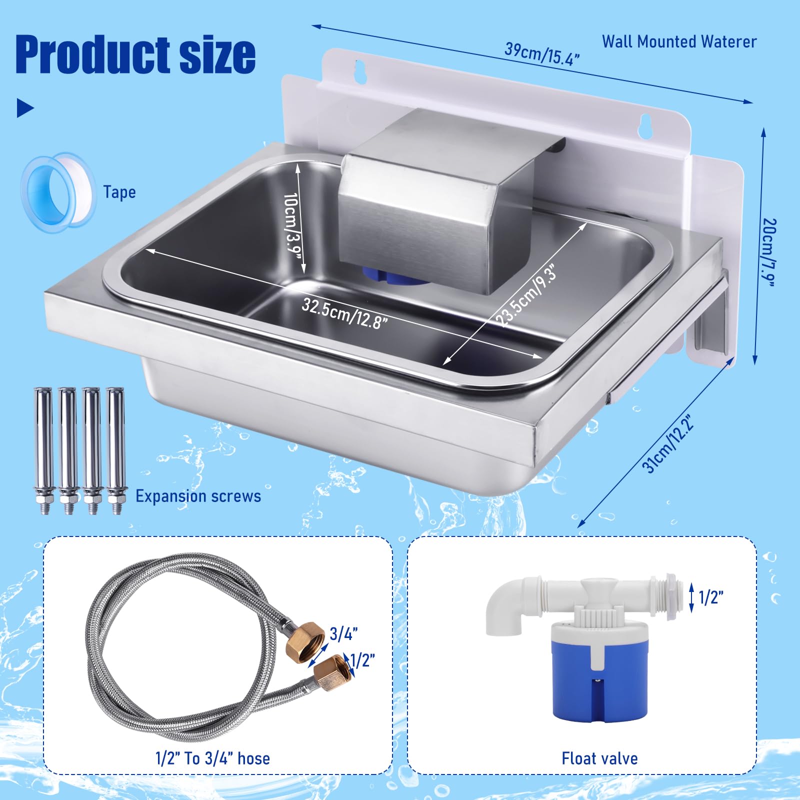 Dispensador automático de agua para perro, cuenco de agua de metal montado en la pared de 3 galones con válvulas flotantes y manguera de metal para ganado, gato, perro, caballo, cabra