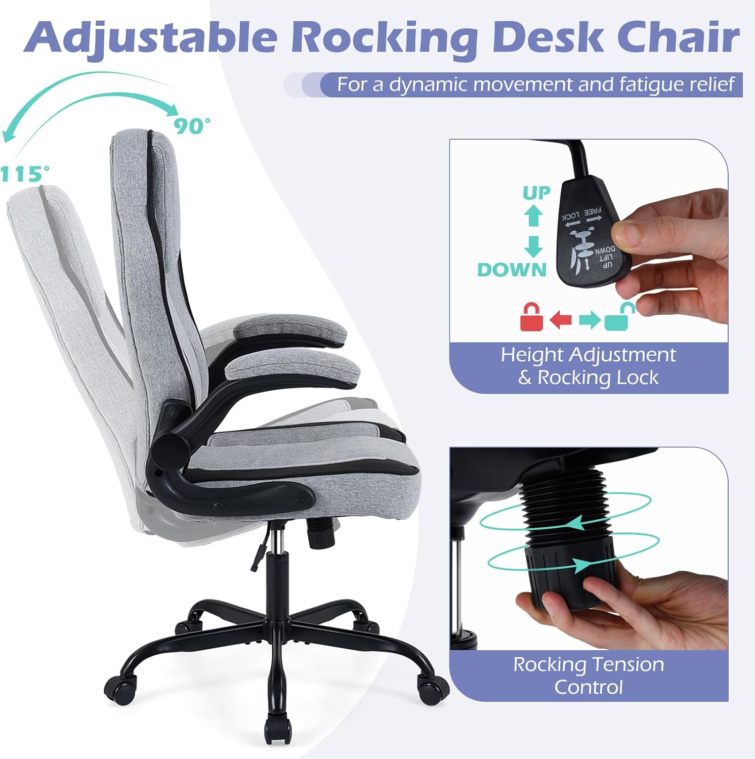 Giantex Ergonomic Office Chair, Linen Fabric Computer Desk Chair with 90° Flip-up Armrests, Adjustable Height, Rocking Function, Gaming Chair, Rolling Swivel Chair for Home Office (Grey)