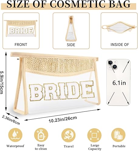 Miniatura 2 de Pequeñas bolsas de maquillaje transparentes de paja bohemia para mujeres y niñas, bolsa de cosméticos con cremallera de chenilla, bolsa de parche de