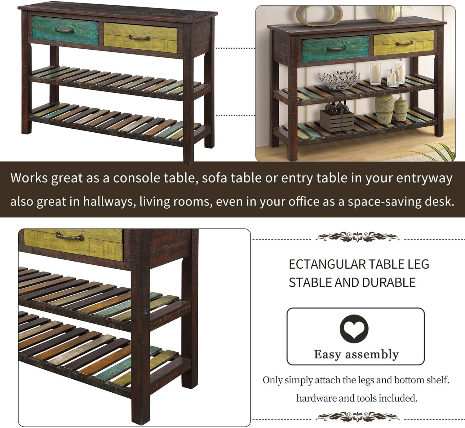 Diagram showing easy assembly steps for the console table, highlighting attaching legs and shelves.