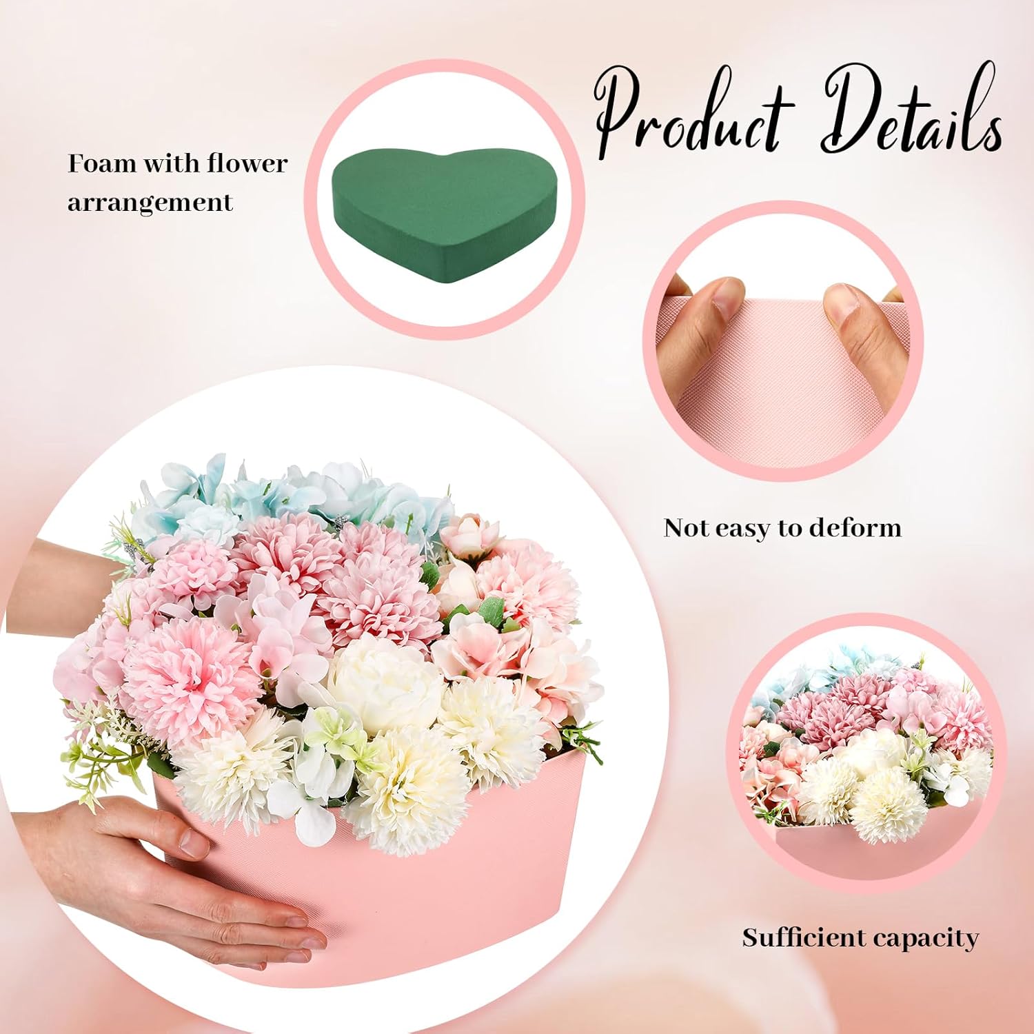 Nuenen Heart Shaped Flower Gift Boxes, Floral Gift Box with Lids Floral Foam Clear Cellophane 9.8 x 9 x 5 Inches for Mother's Day Wedding Graduation Birthday Packaging Arrangements(Pink) - Image 3