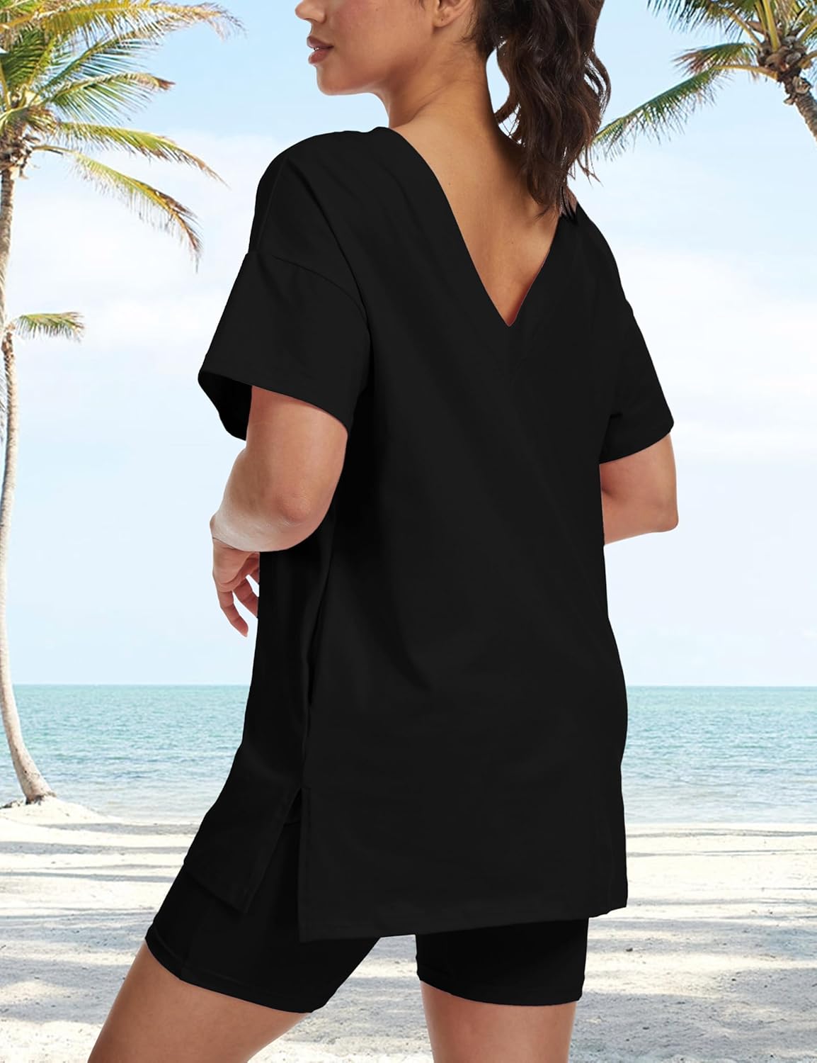2 Two Piece Outfits for Women Summer Oversized Workout V Neck T Shirts Biker Shorts Matching Sets - Image 4