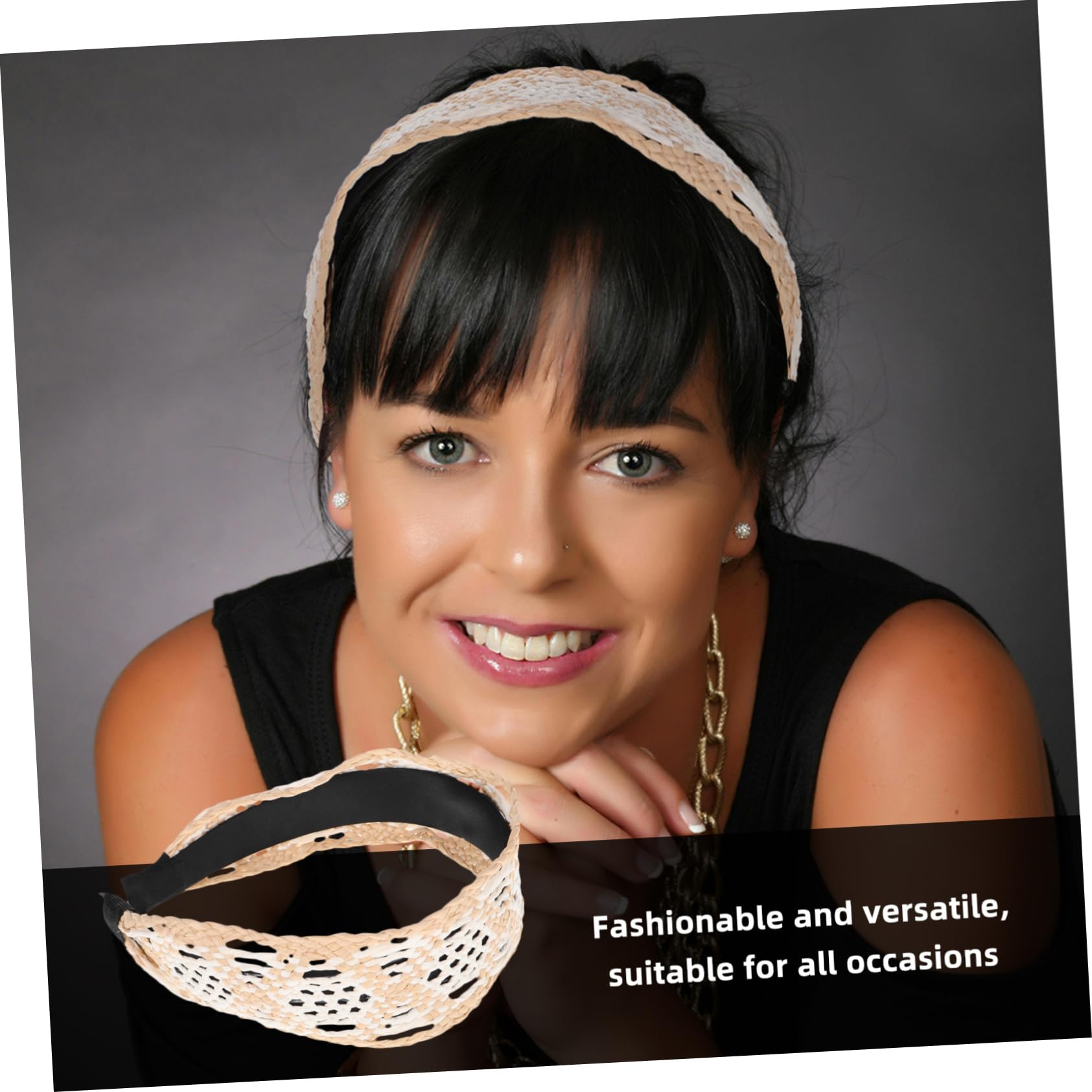 Bandeau Large en Raphia Beige, Style Vintage pour Femmes