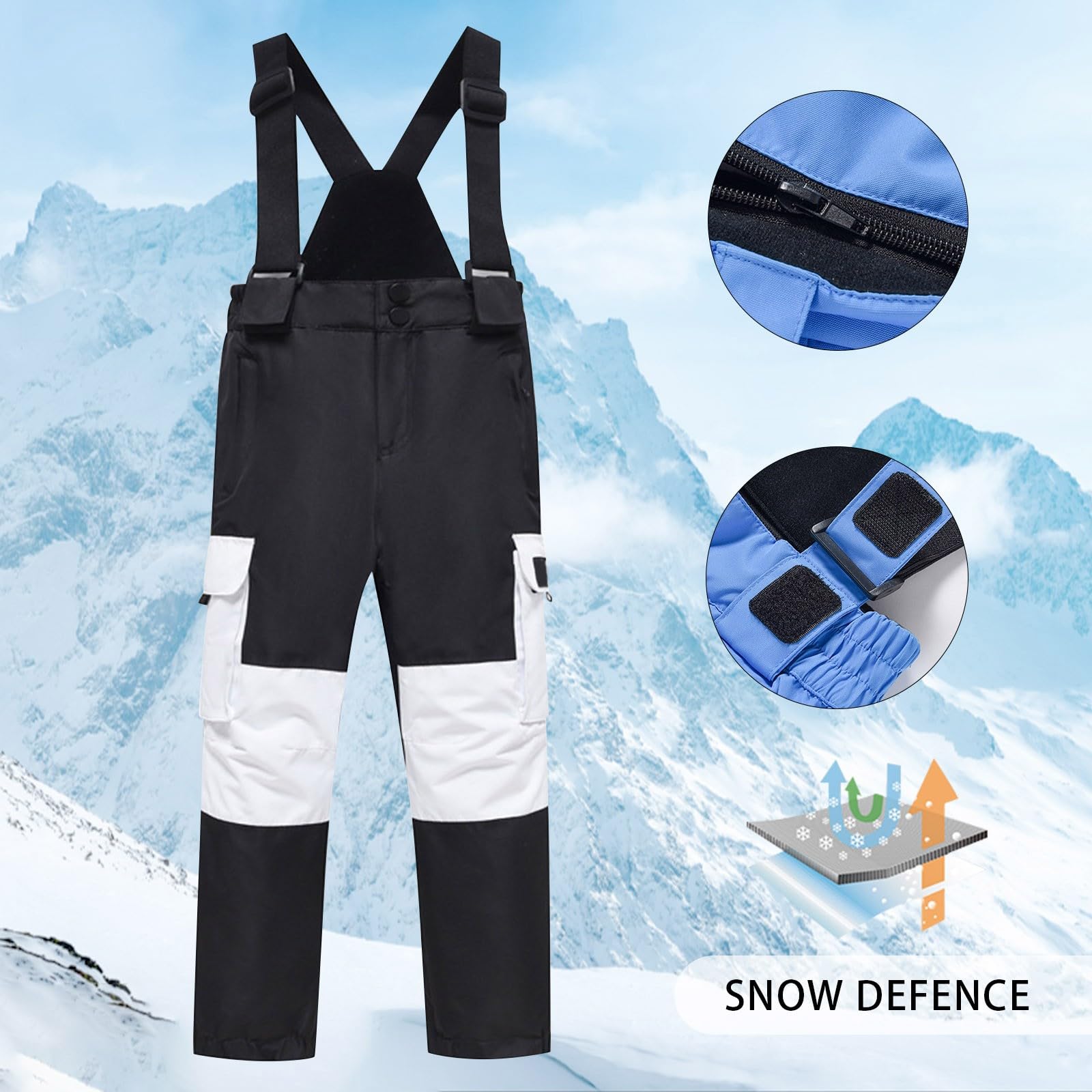 Pantalon de ski pour garçons et filles - Imperméable - Ajusté - Pantalon de snowboard - Pour adolescents et enfants - Isolé - Pantalon de ski - Jambe large - Pantalon de neige droit