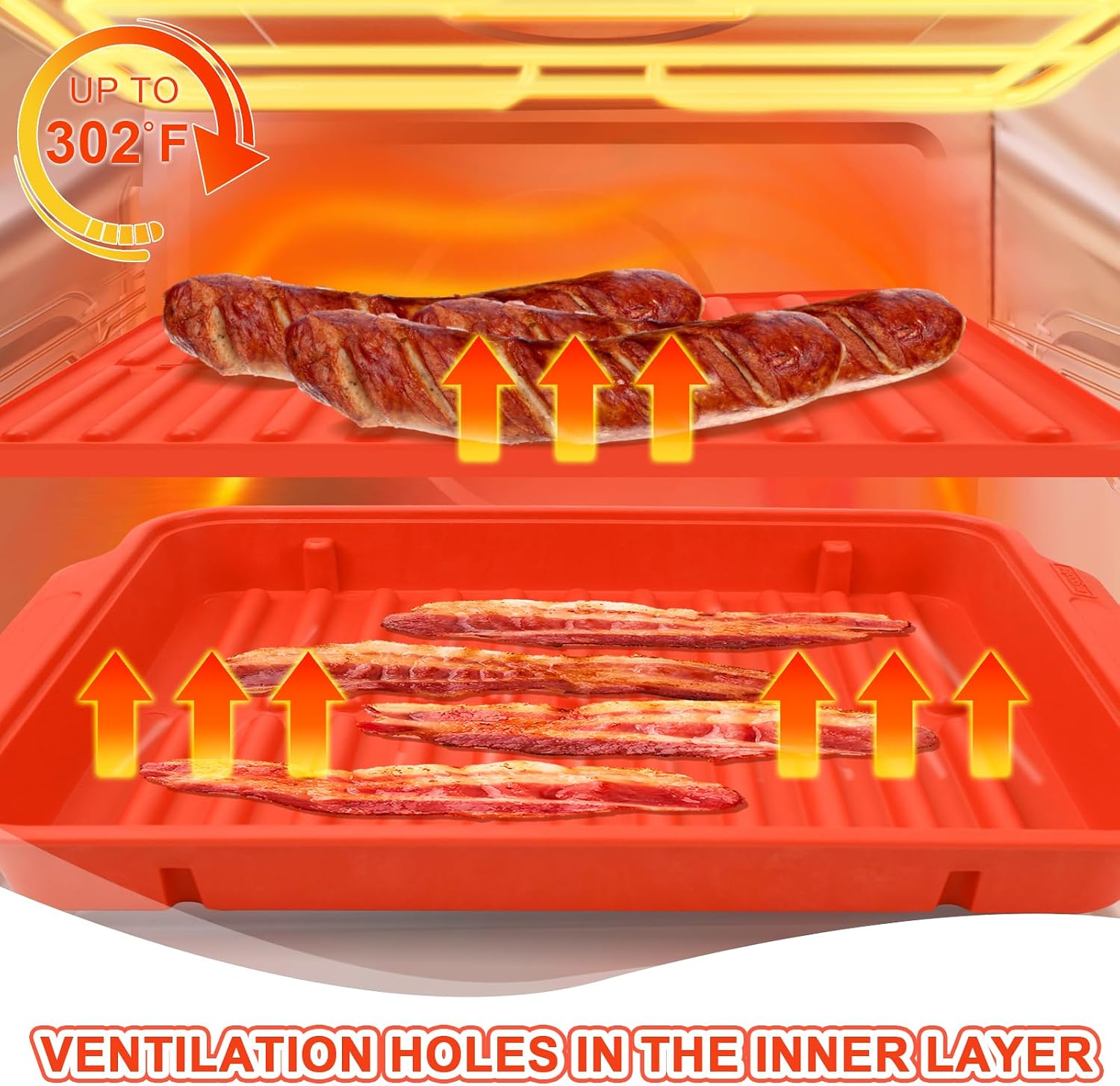 Double Microwave Bacon Cooker/Tray with Splatter Lid, Safe, Easy Clean, Convenient Kitchen Tool，for Cooking (Red)