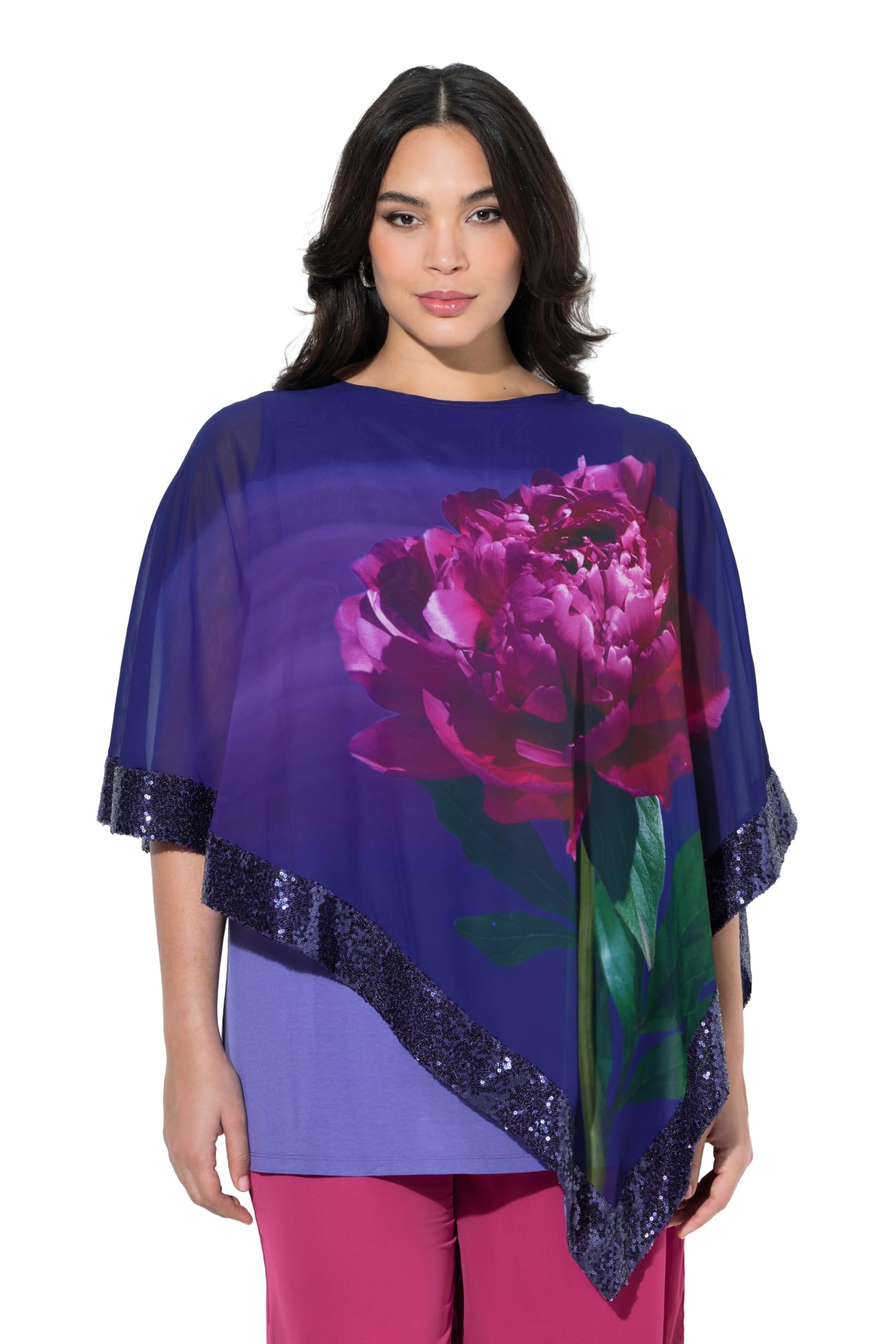 Ulla Popken Damen große Größen Übergrößen Plus Size Chiffonbluse, Blüten, U-Boot-Ausschnitt, 3/4-Arm 849329