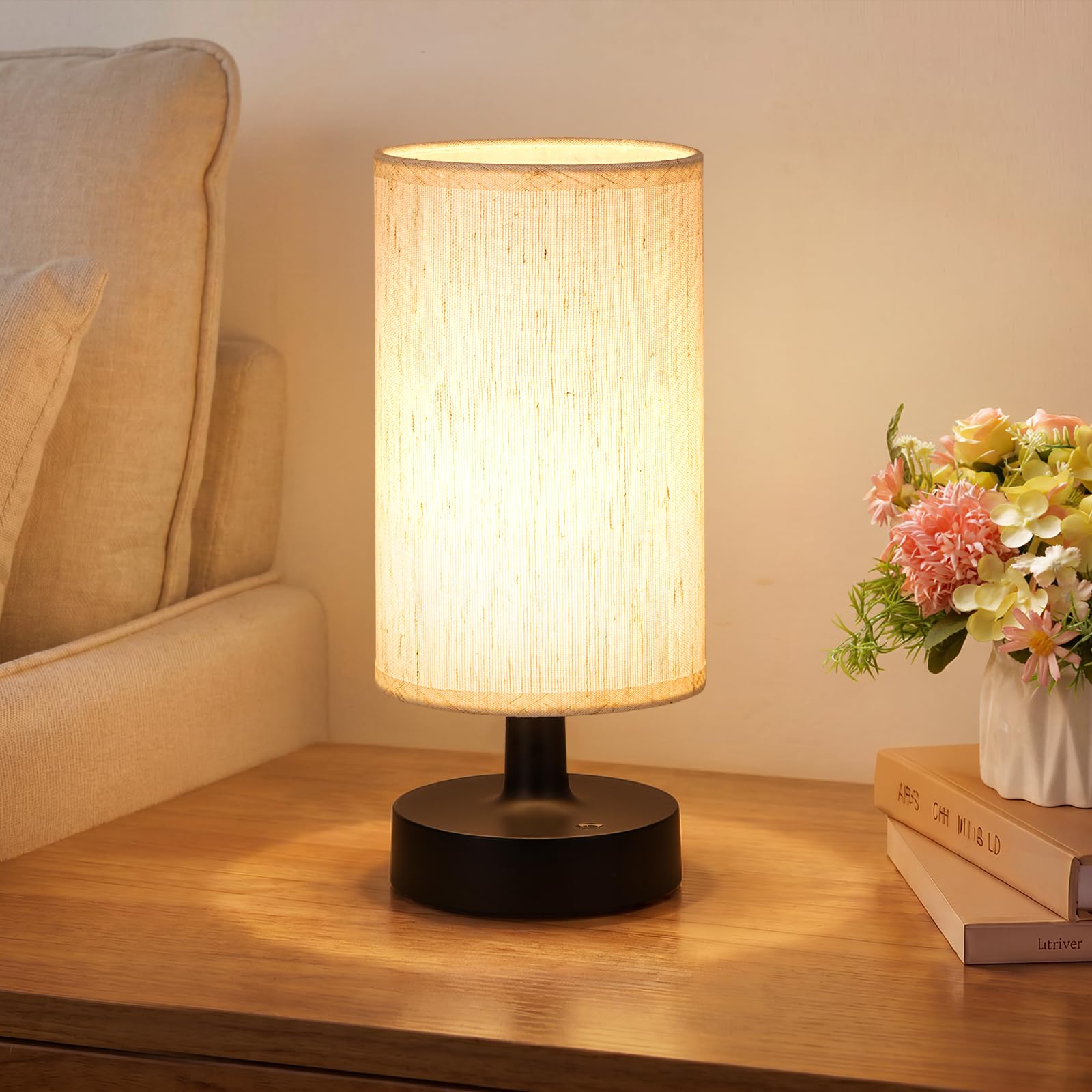 Touch Stepless Dimming, 3000K Warm Light, Beige Fabric Shade Cordless Table Lamp