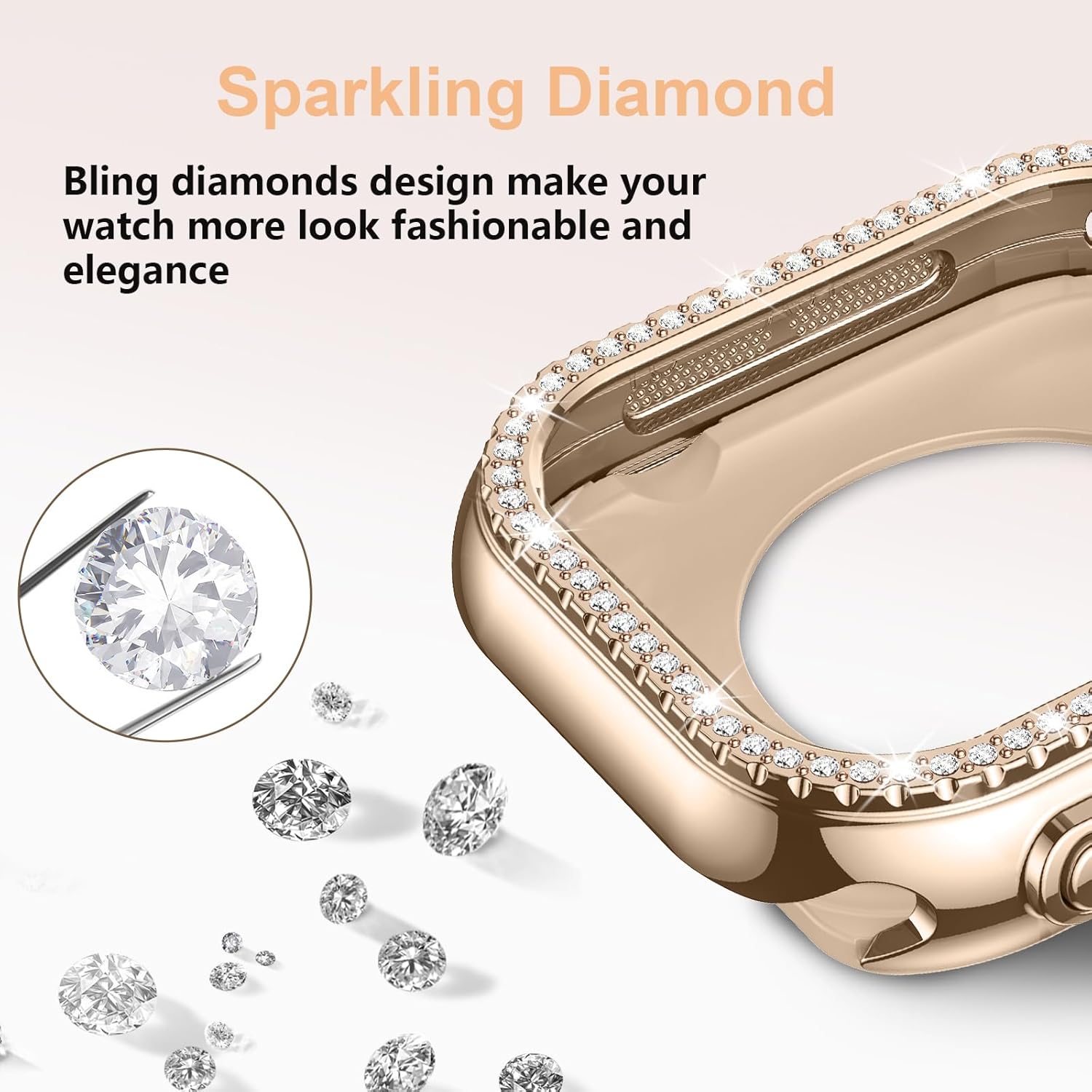 Metal Case Compatible with Apple Watch Series 11/10 46mm for Women, Bling Diamond Frame Bumper with Back Cover Protective Cover for iWatch 46mm, Rose Gold - Image 2