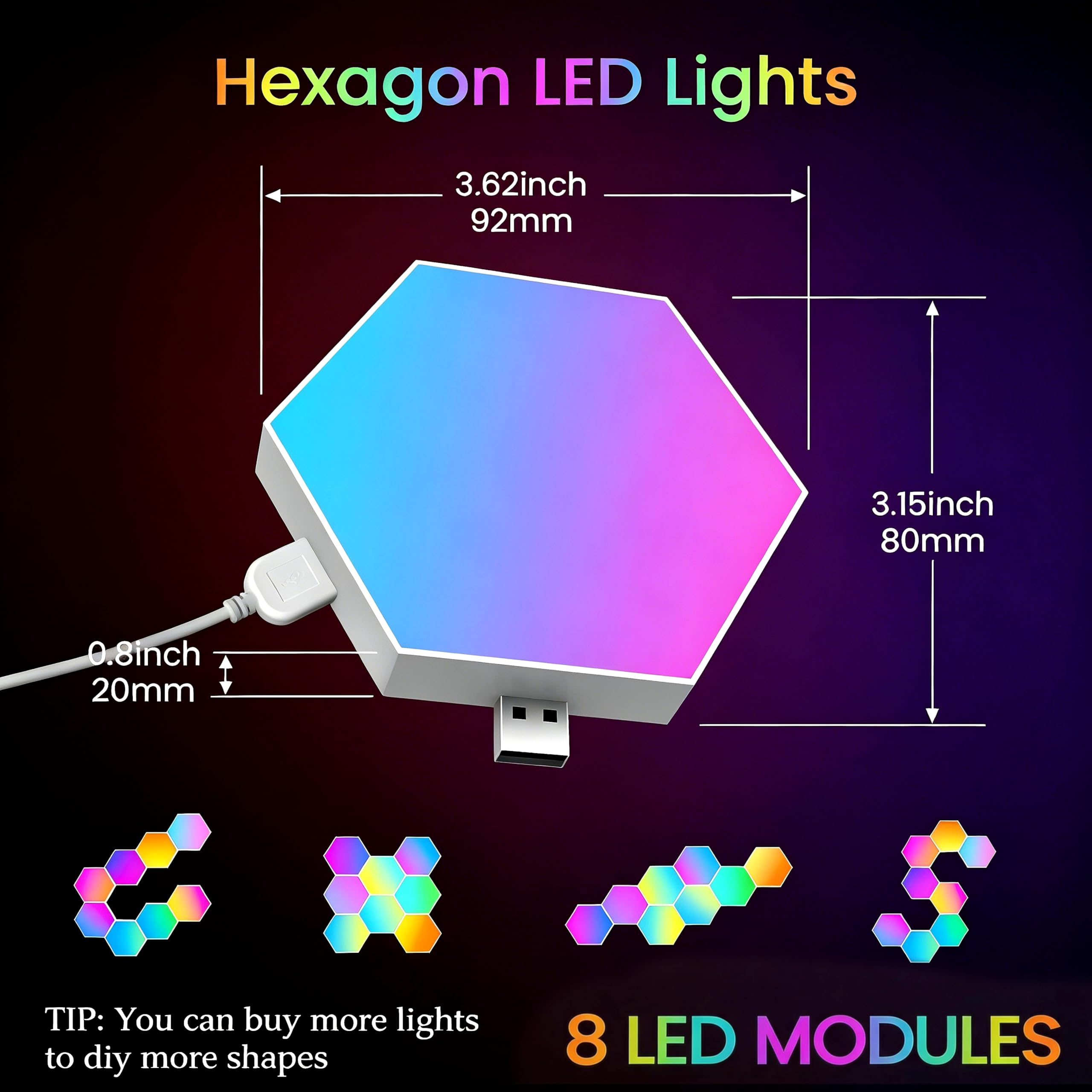 TISOFU Paquete de 8 luces hexagonales LED de pared, paneles de luz RGB para juegos de color RGB con aplicación / sincronización de música y control remoto, panel de azulejos hexagonales modulares