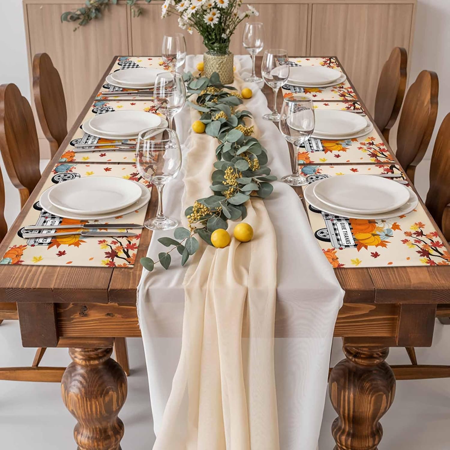 Kitchen Placemat Set 18x12 Inches,Placemats Set of 4,Thanksgiving Buffalo Plaid Truck with Pumpkin and Fall Maple Leave Table Mats for Home Kitchen Restaurant Thanksgiving Day Party Decoration