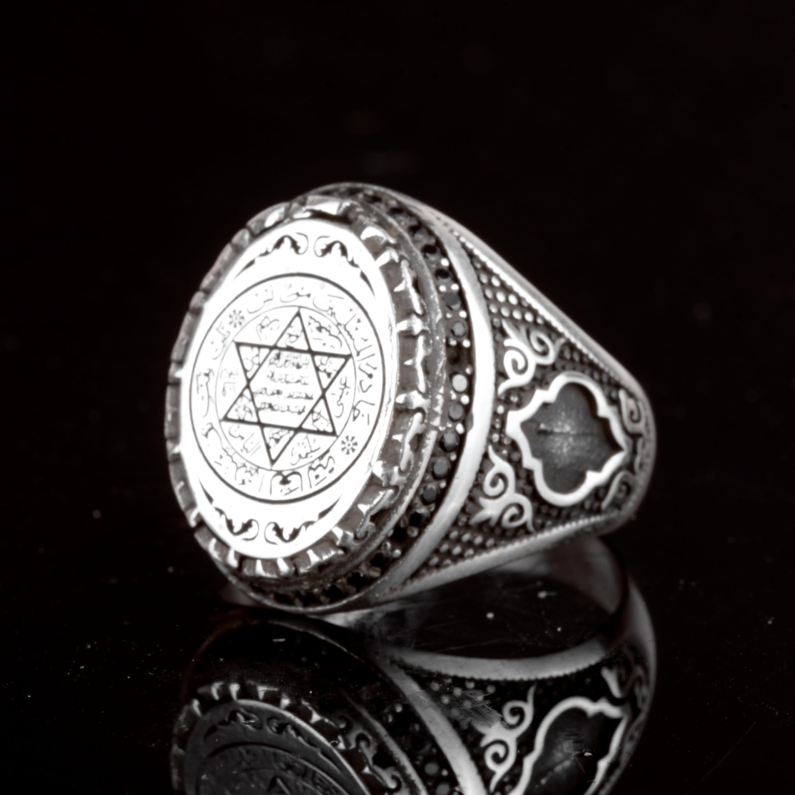 KAMBO Anillo islámico de plata de ley para hombre, sello grabado con sello de Salomón, anillo grande vintage hecho a mano, piedra preciosa de plata, ónix