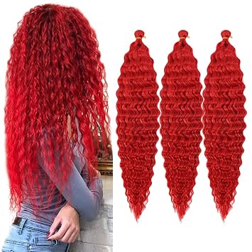 Ocean Wave Braiding Hair Extensions 24 Inch 3 Packs Long Deep Curly Wave Braid Synthetic Twist Ripple Crochet Braids for Women 100g/Pack Red