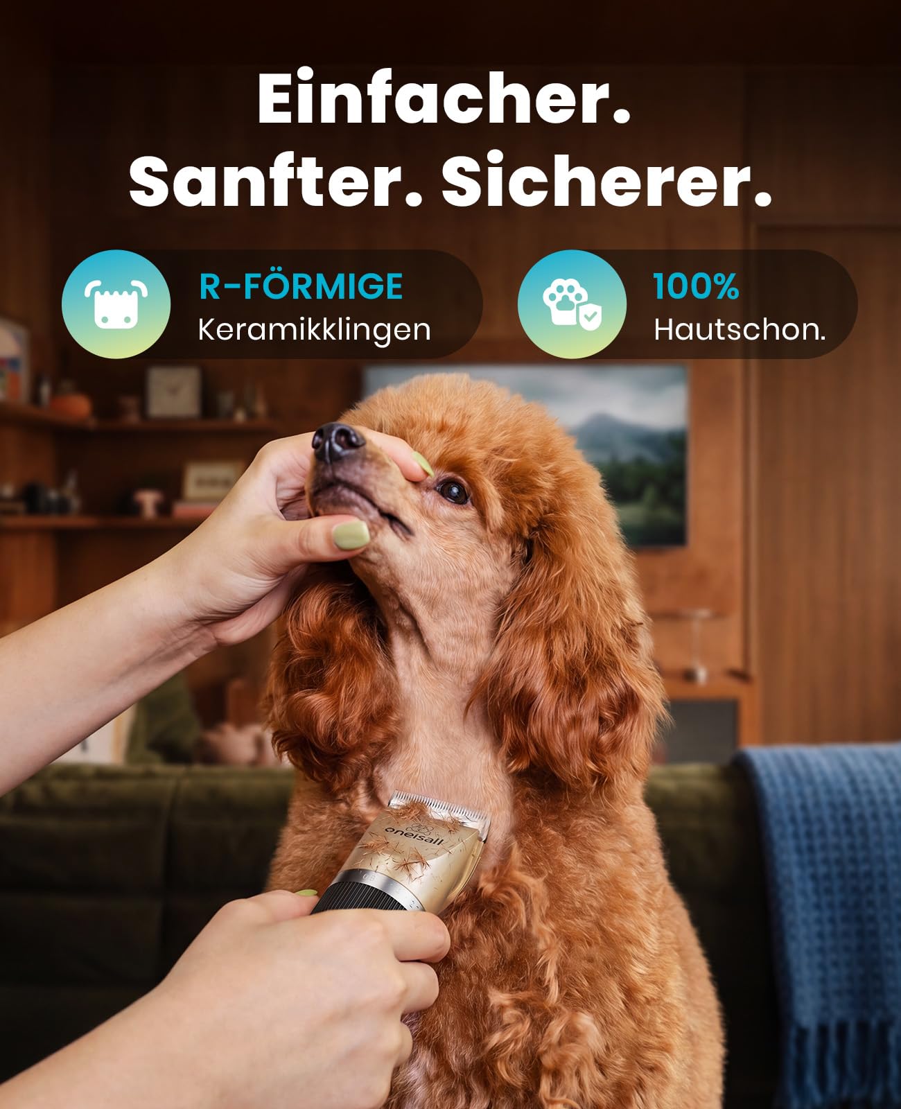oneisall Leise Hundeschermaschine, 2000mAH 4h Laufzeit Schermaschine Katze Hunde dichtem Fell, Hunde Haarschneidemaschine Tierhaarschneidemaschine Hunderasierer Langhaar(Gold)
