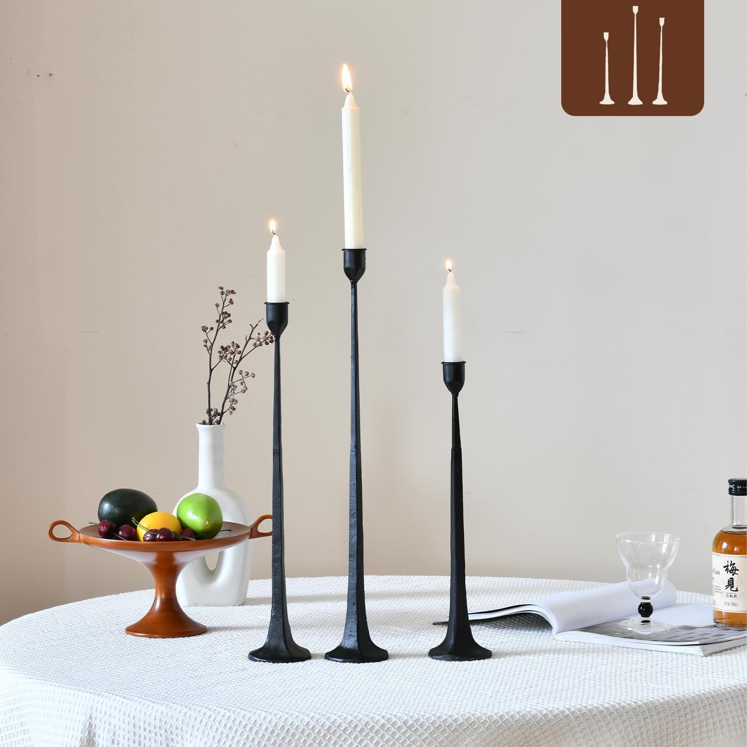 Iron Black Candlestick Holders, Set of 3 Candle Stick Holders,Fits 3/4 inch Thick Candle&Led Candles, Vintage Modern Decorative Centerpiece for Dining Table Centerpiece, Wedding, Party Decor Black-straight 14.4”,17.1”,19.7”