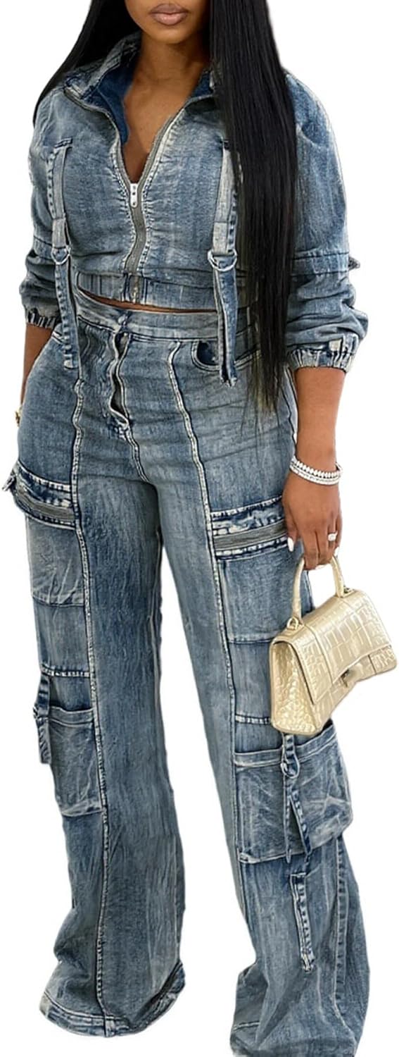 Tbahhir Womens 2 Piece Sets Denim Outfits Long Sleeve Crop Jean Jackets Cargo Pants with Pockets Y2k