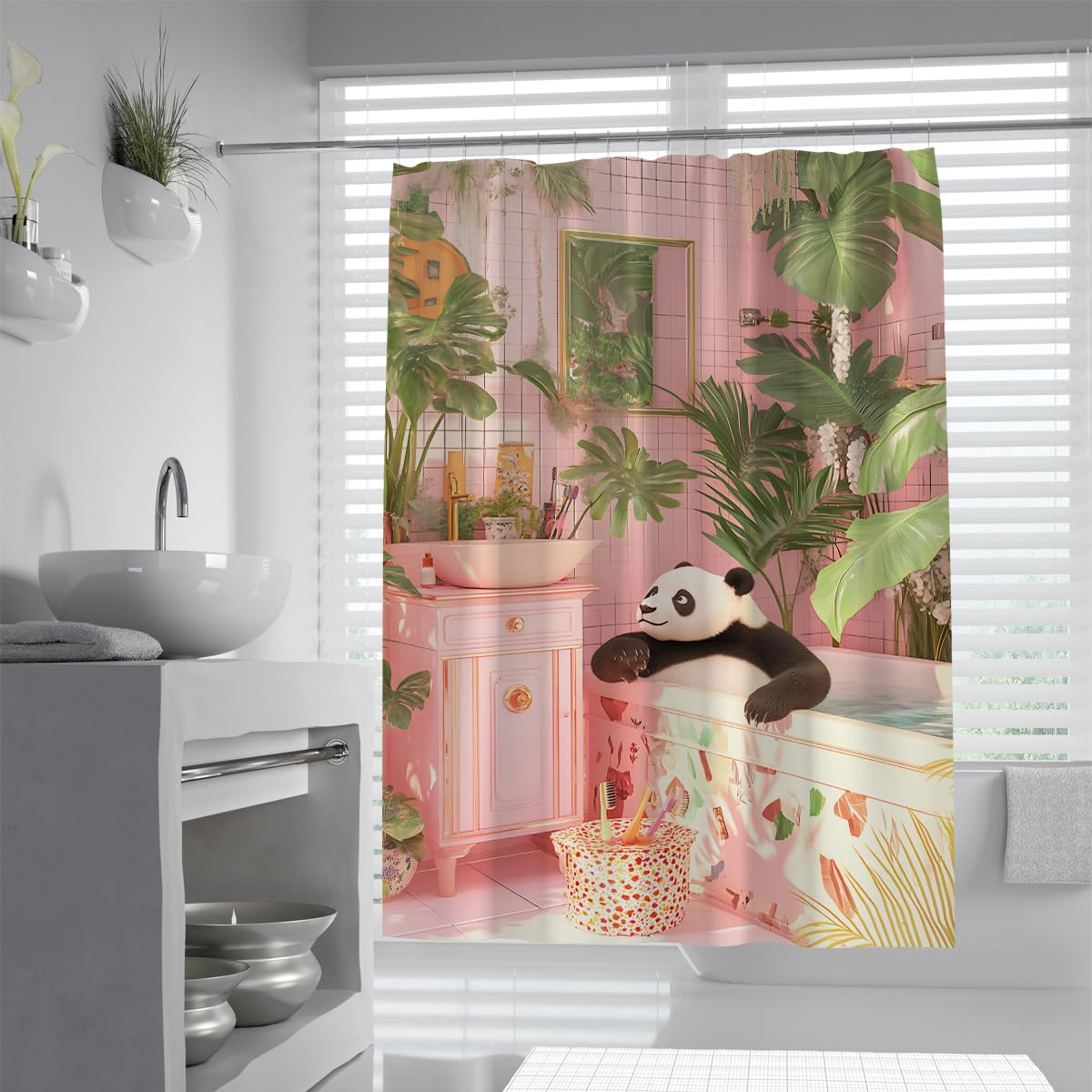 UERWOWELL Whimsical Panda Bath Shower Curtain Aesthetic Pink Room Interior Green Tropical Palm Frond Animal Artwork Polyester Fabric Bathroom Decor W180xL200 cm