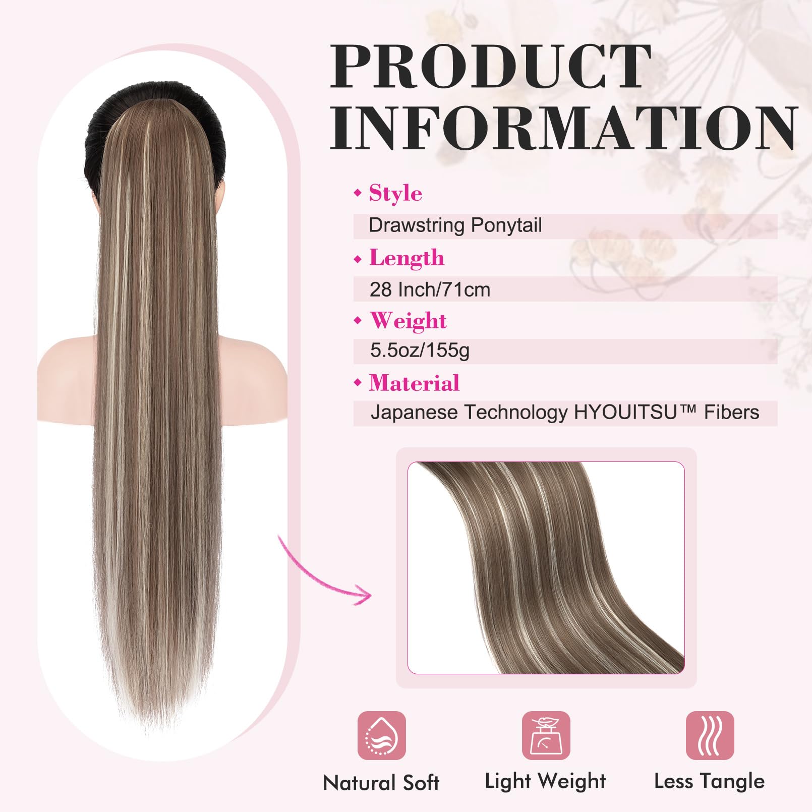 REECHO Ponytail Extension, 28" Long Straight Drawstring Pony Hair Extension Synthetic Pony Tail Hairpiece for Women - Light Ash Brown - Image 2