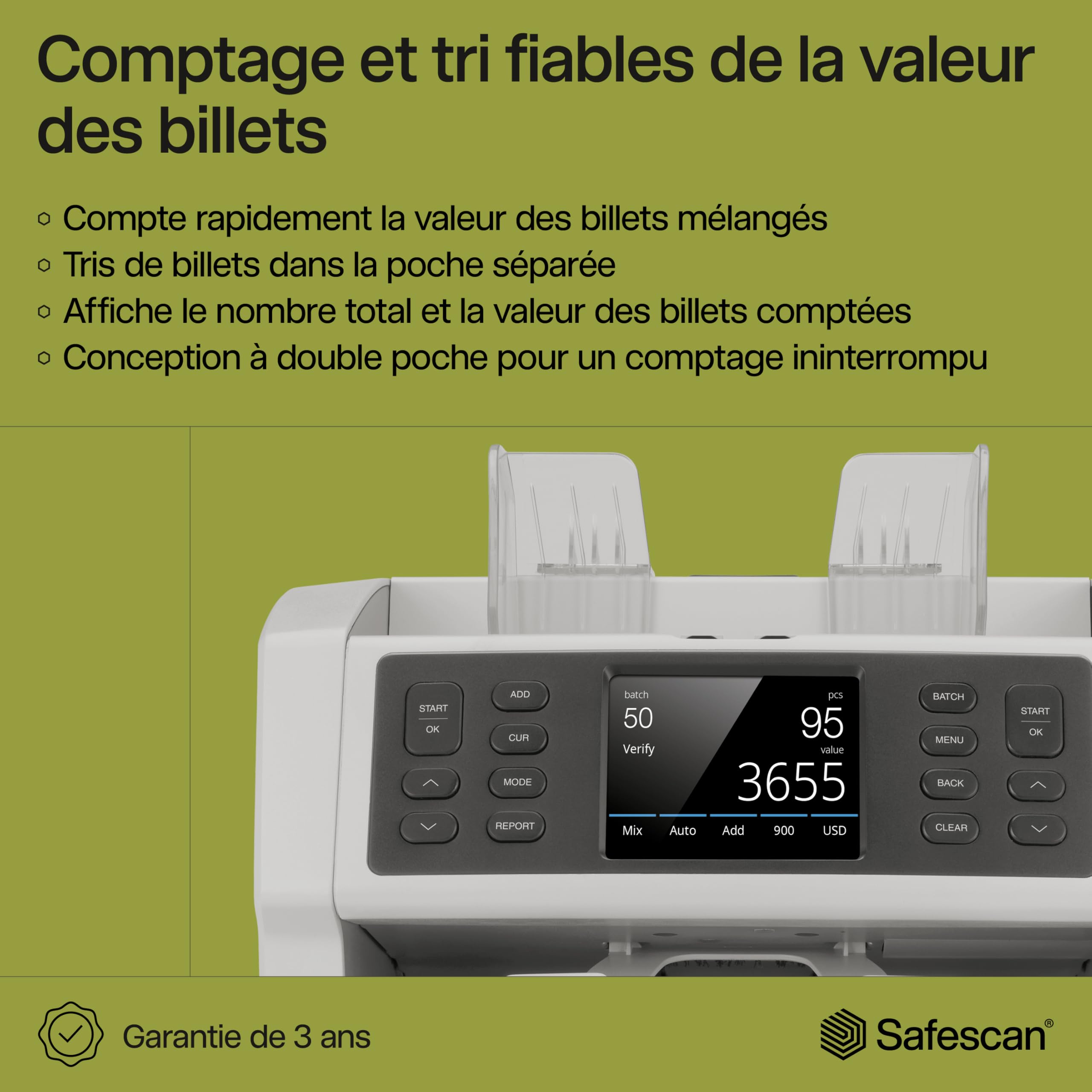 Safescan 2985-SX compteuse de billets valorisatrice qui compte et trie les billets mélangés - Compteur de billets avec détection de faux billets sur 7 points - Compteuse de billets avec option de tri