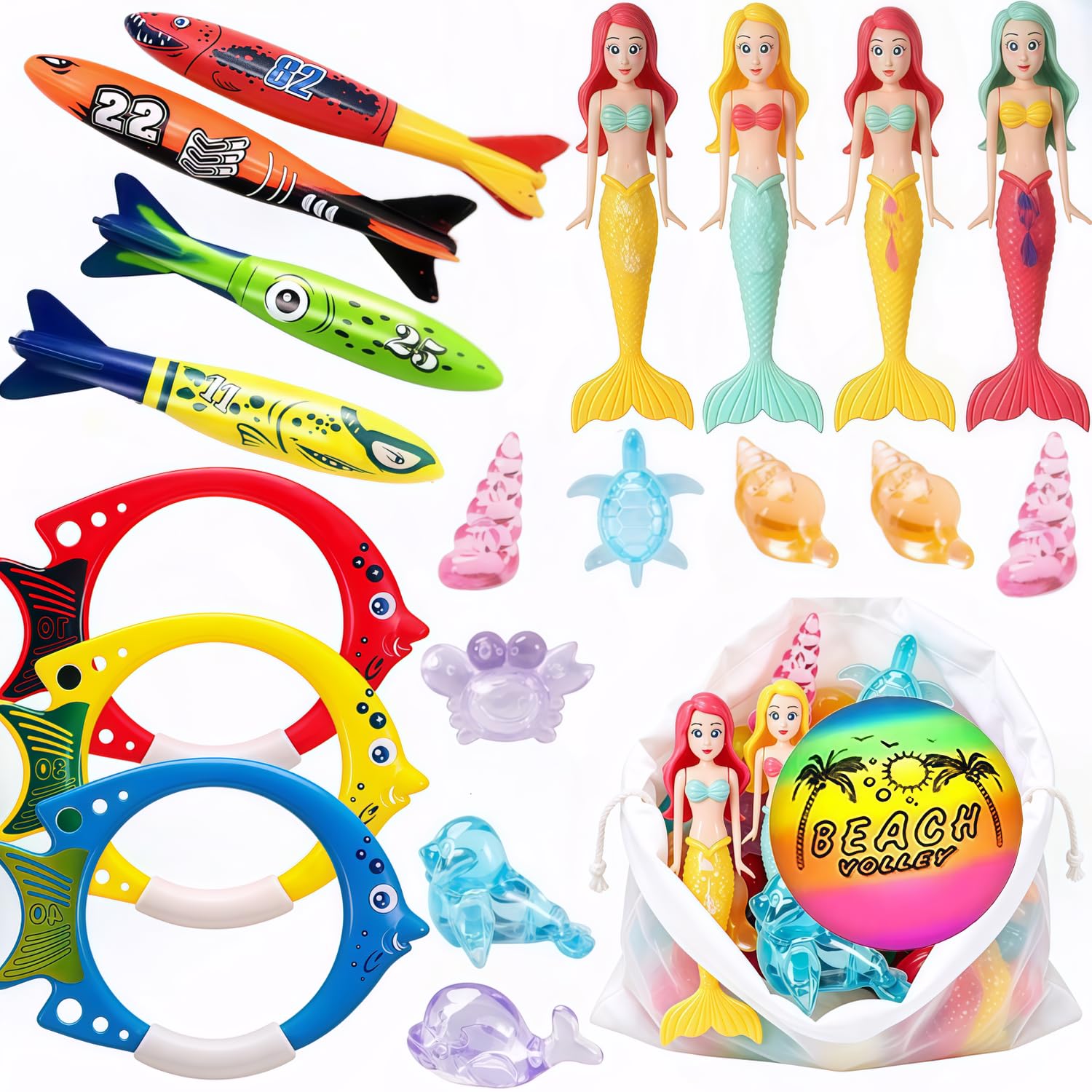 Kaimirui 20pcs Diving Pool Toys,Summer Pool Diving Swimming Toys,Fun Swim Games Sinking Set,Underwater Training Toys with Diving mermaids Torpedo, Dive Rings, for Summer Pool Party (Diving Pool Toys)