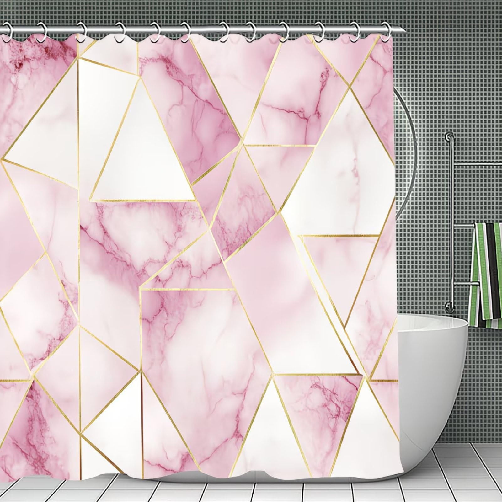 Shower Curtains Pink Marble Geometry Wet Room Shower Curtain Mould Proof Resistant Waterproof Polyster Fabric Washable with 12 Hooks Garden Bathroom Curtains (180x180cm)