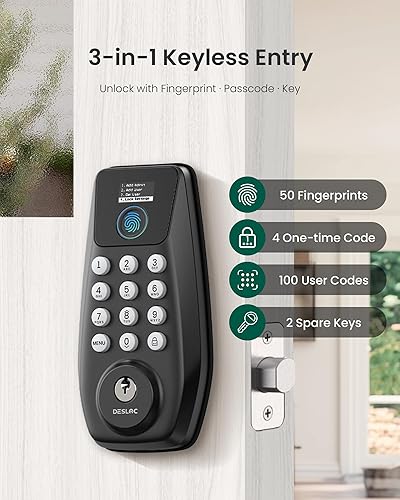 Miniatura 3 de DESLOC C110 - Cerradura de puerta de entrada sin llave con huella dactilar, cerradura inteligente para puerta delantera con 2 llaves, bloqueo