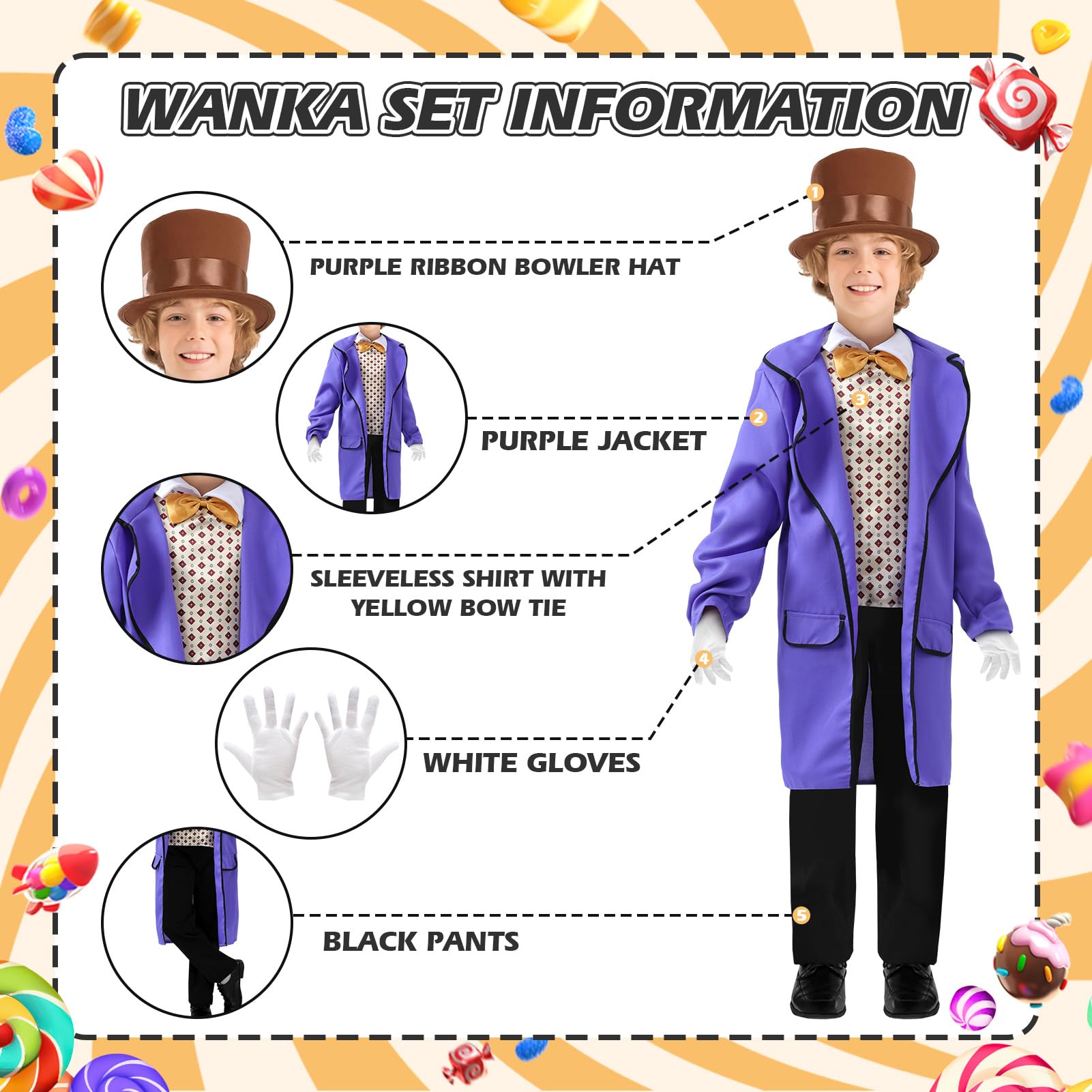 JQMAO Kids Costume for Wonka: World Book Day Costumes for Boys - Chocolate Factory Fancy Dress for Girls (S (8-10 years)) - Image 2