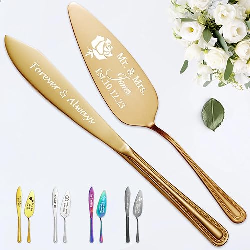 STREADVE Juego de cuchillos y servidores grabados para tartas de boda, utensilios de corte personalizados para novia, novio, cortador personalizado