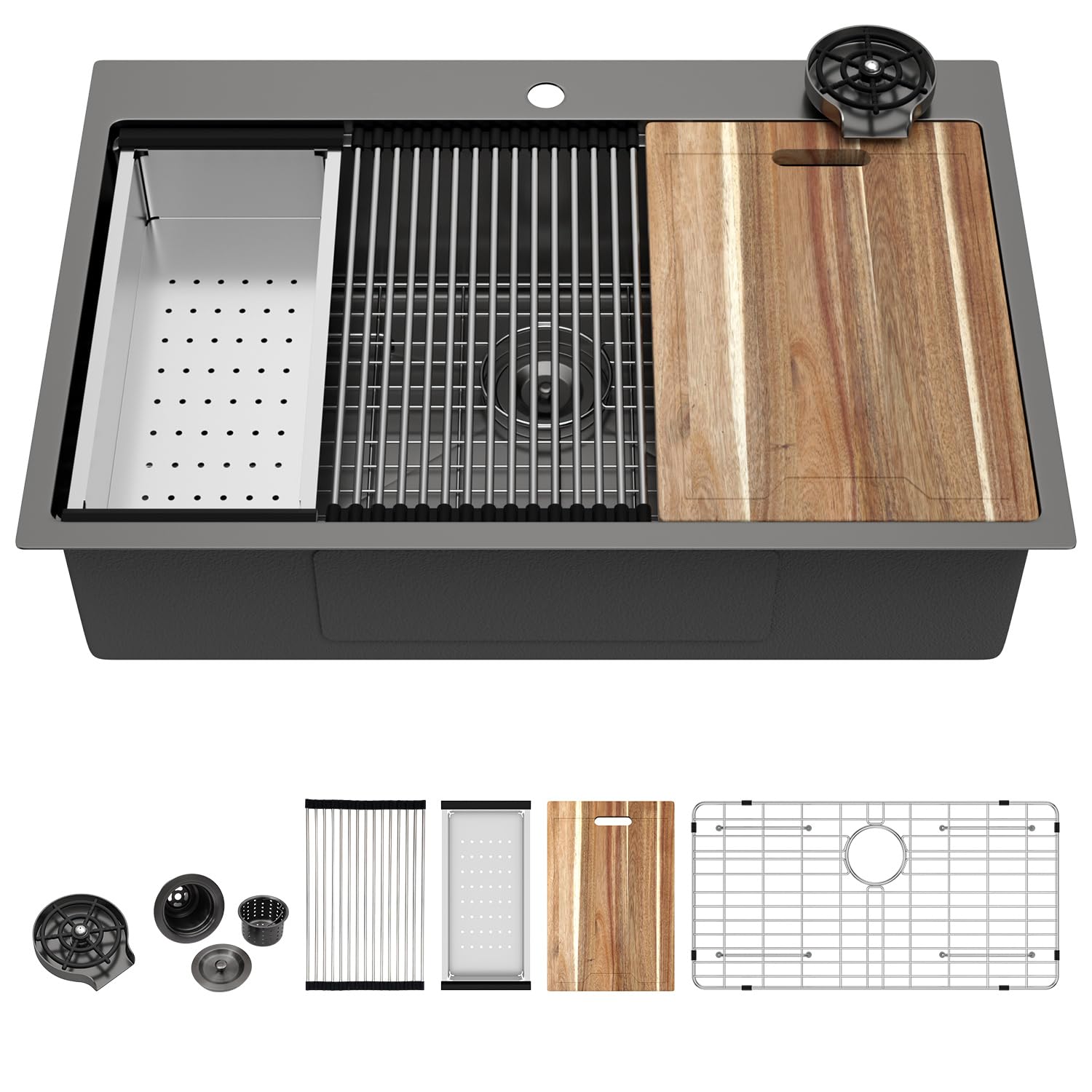 Kichae 33 Black Drop In Kitchen Sink Workstation Stainless Steel 16 Gauge