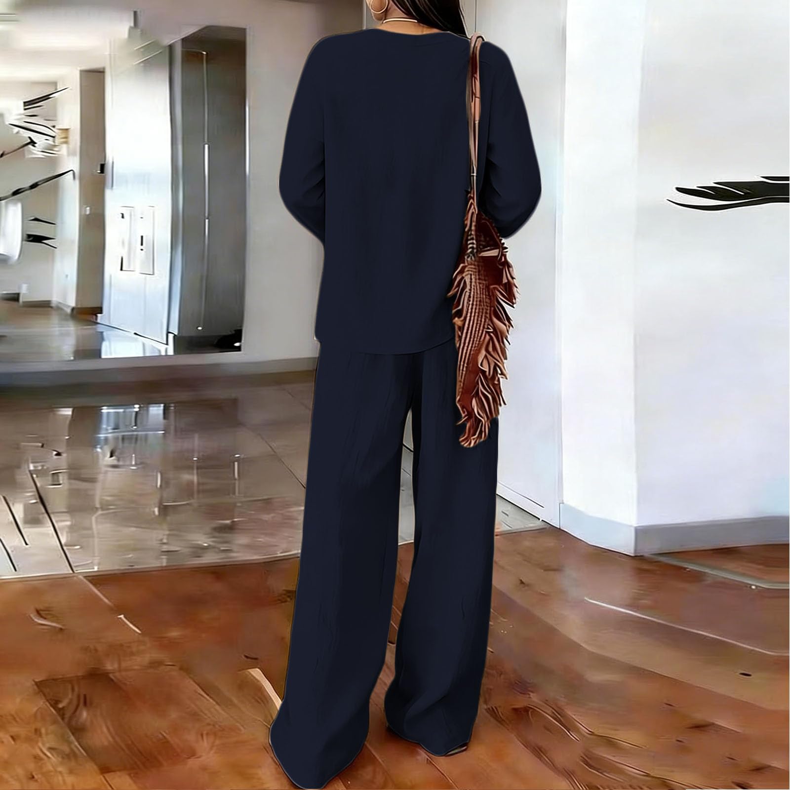 Completo Donna Lino Due Pezzi Elastico In Vita Mezza Manica Set di Due Pezzi Tuta Tinta Unita Blusa Pantaloni Gamba Larga con Tasche Completi Comodo Morbido Camicia Scollo a V Eleganti Taglie Forti
