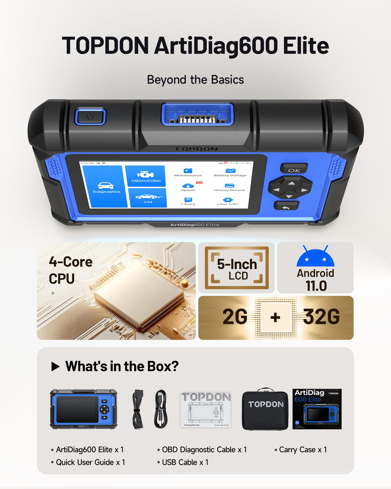 TOPDON ArtiDiag600 Elite OBD2 diagnosegerät für alle Fahrzeuge, Vollständiges diagnosegerät Auto mit 13 Servicefunktionen, FCA AutoAuth, CAN-FD, 2 Jahre kostenlose Updates
