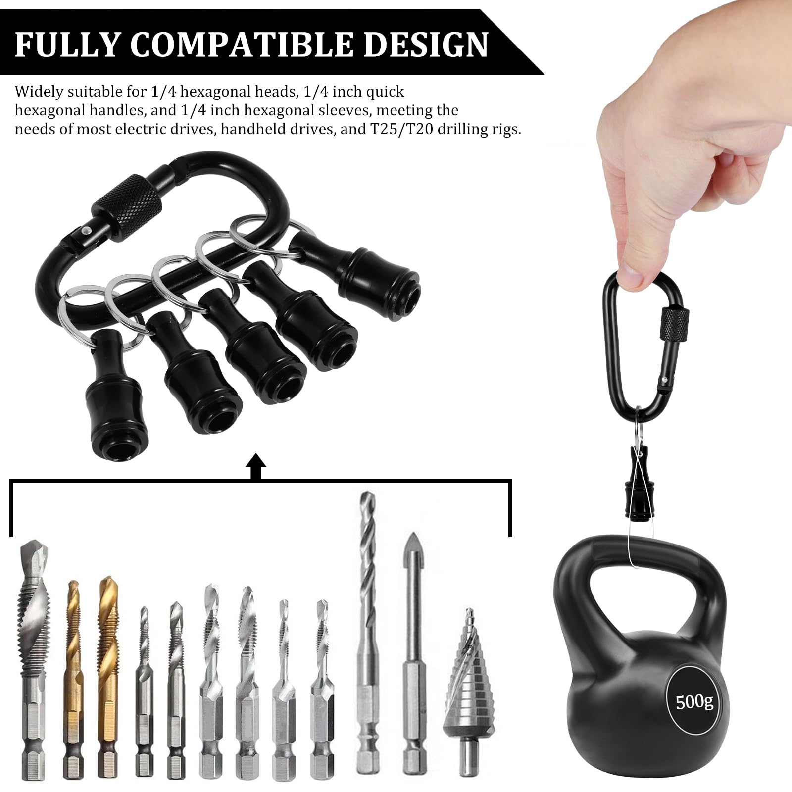 12 soportes de puntas de destornillador de eje hexagonal de 1/4 pulgadas, barra de extensión portátil, llavero, adaptador de tornillo, soporte de broca de aleación de aluminio con 2 mosquetones para