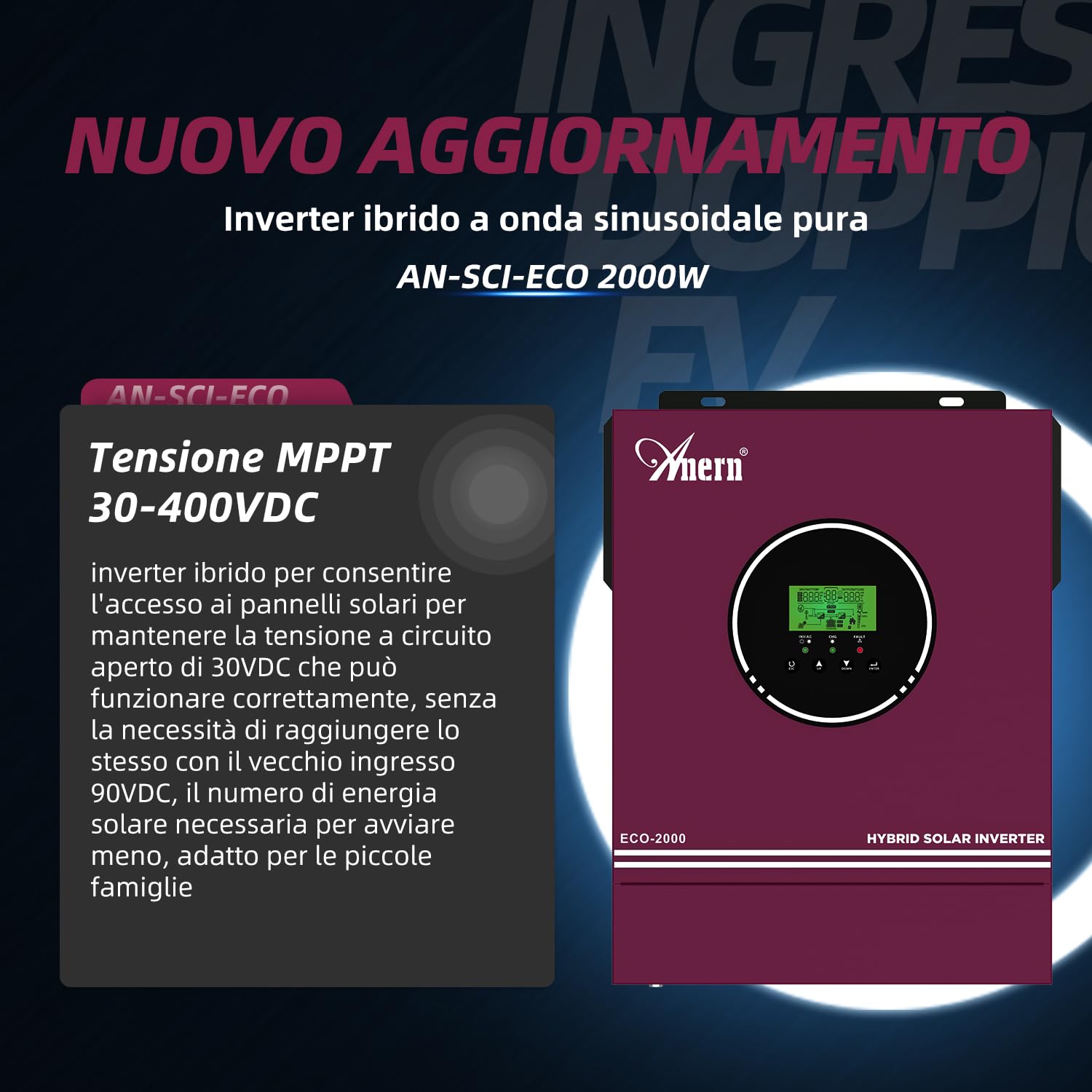 Anern Inverter ibrido da 2000W 12V DC a 220 V/230 V AC con regolatore solare 80A, ingresso PV max.400V, Inverter Fotovoltaico funzionamento con batterie al piombo da 12 V e al litio