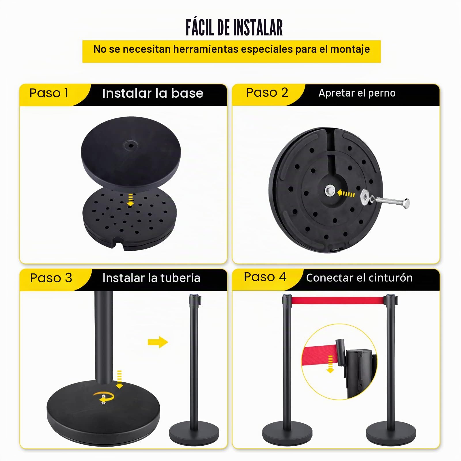 VEVOR Postes Separadores 6 piezas Altura 90 cm Negros Poste Separador con Cinta Extensible de 2 m Roja Conexión de 4 Vías Diámetro de Base 32 cm Postes de Barrera de Control de Multitudes Retráctiles