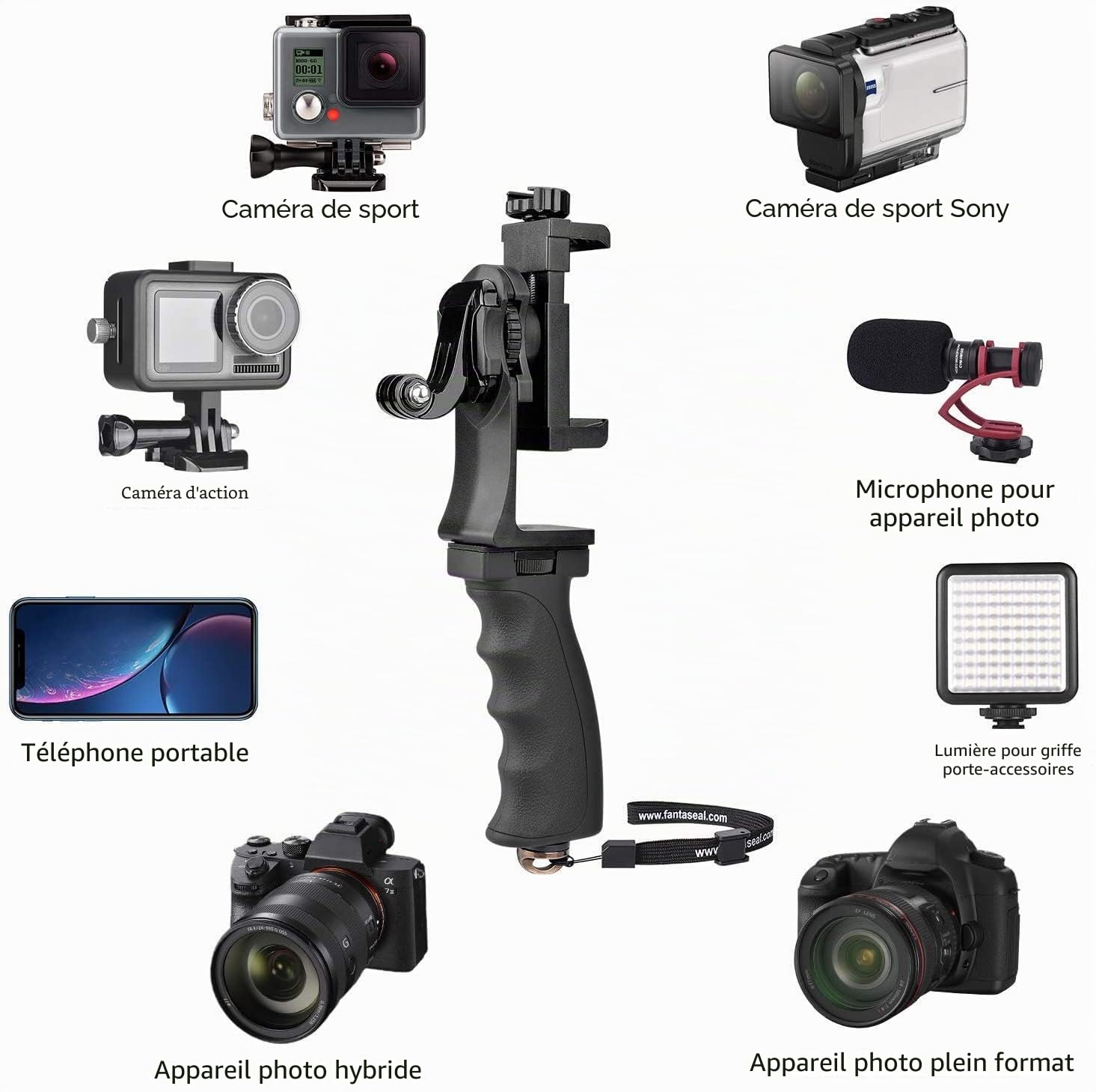 2en1 Ergonomique Hand Grip Stabilisateur Smartephone Caméra Sport Kit de Support Poignée Portable pour Youtube Tiktok Voyage Video Vlog Compatible avec Gopro iPhone - Micro/Video LED Light Adaptable
