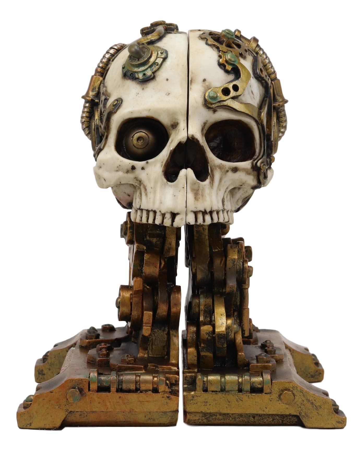Ebros Gift Cyborg Robotic Gearwork Factory Steampunk Skull Cranium Head Bookends Set of 2 Figurine Collectible Statue Ossuary Halloween Macabre Skulls Accent Decor