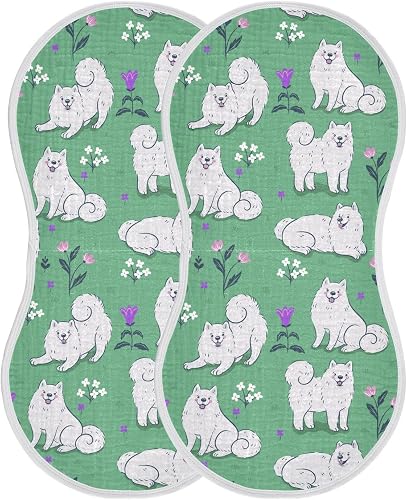 JHKKU Muslin Burp Cloths for Baby Boys and Girls - 2-Pack Ultra Absorbent Cute Samoyed Dog Muslin Washcloths, Newborn Towel, Milk Spit Up Rags, Burp Cloth Bibs for Unisex, 22 x 11 Inch